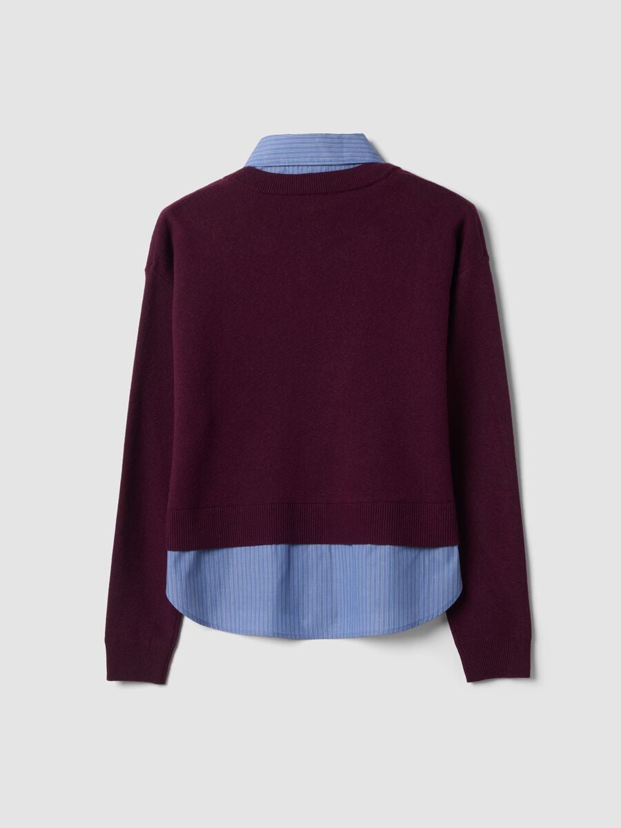 Maglia viola in misto viscosa e lana con scollo a V e inserto camicia_6