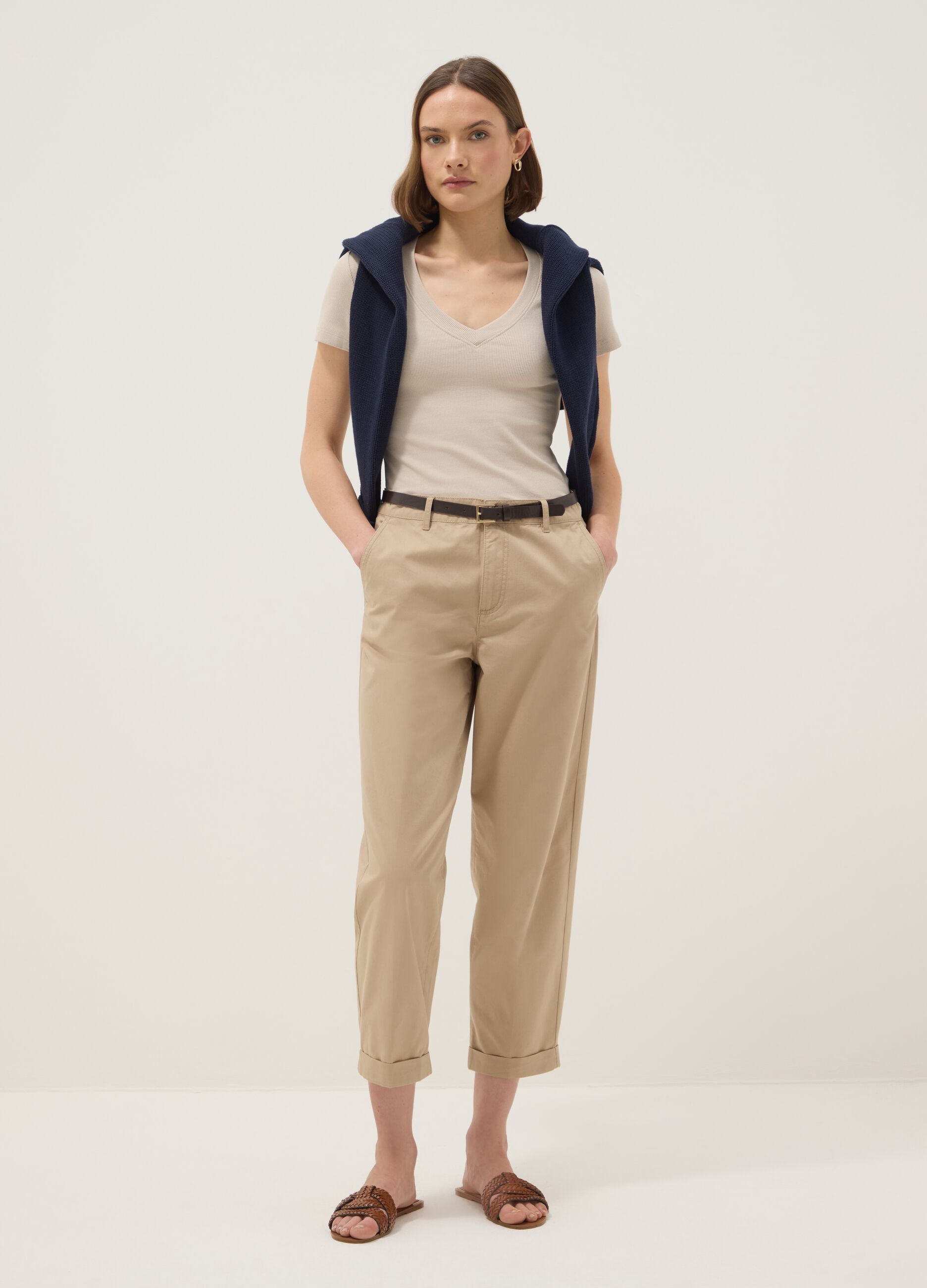 Beige Stretch Cotton Regular Fit T-shirt Deep V