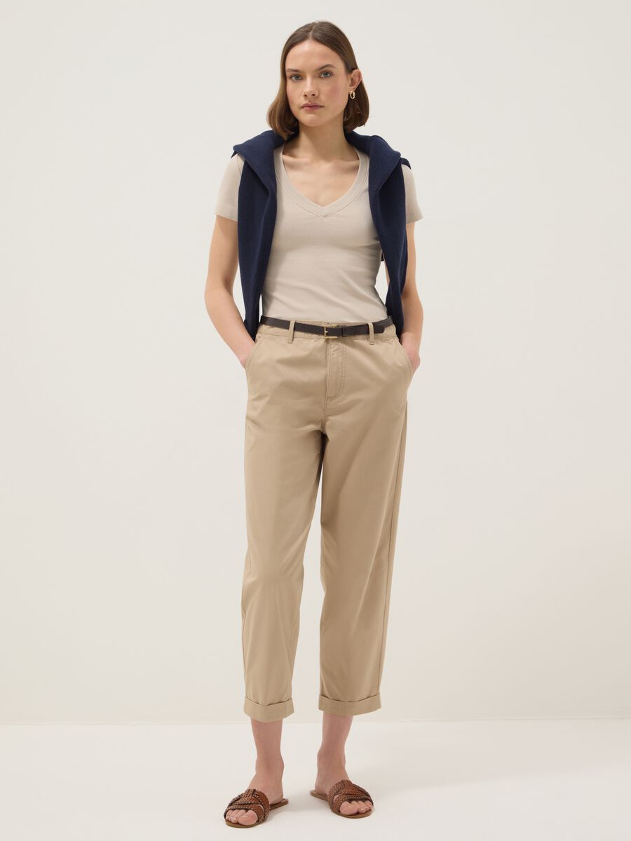 Beige Stretch Cotton Regular Fit T-shirt Deep V_1