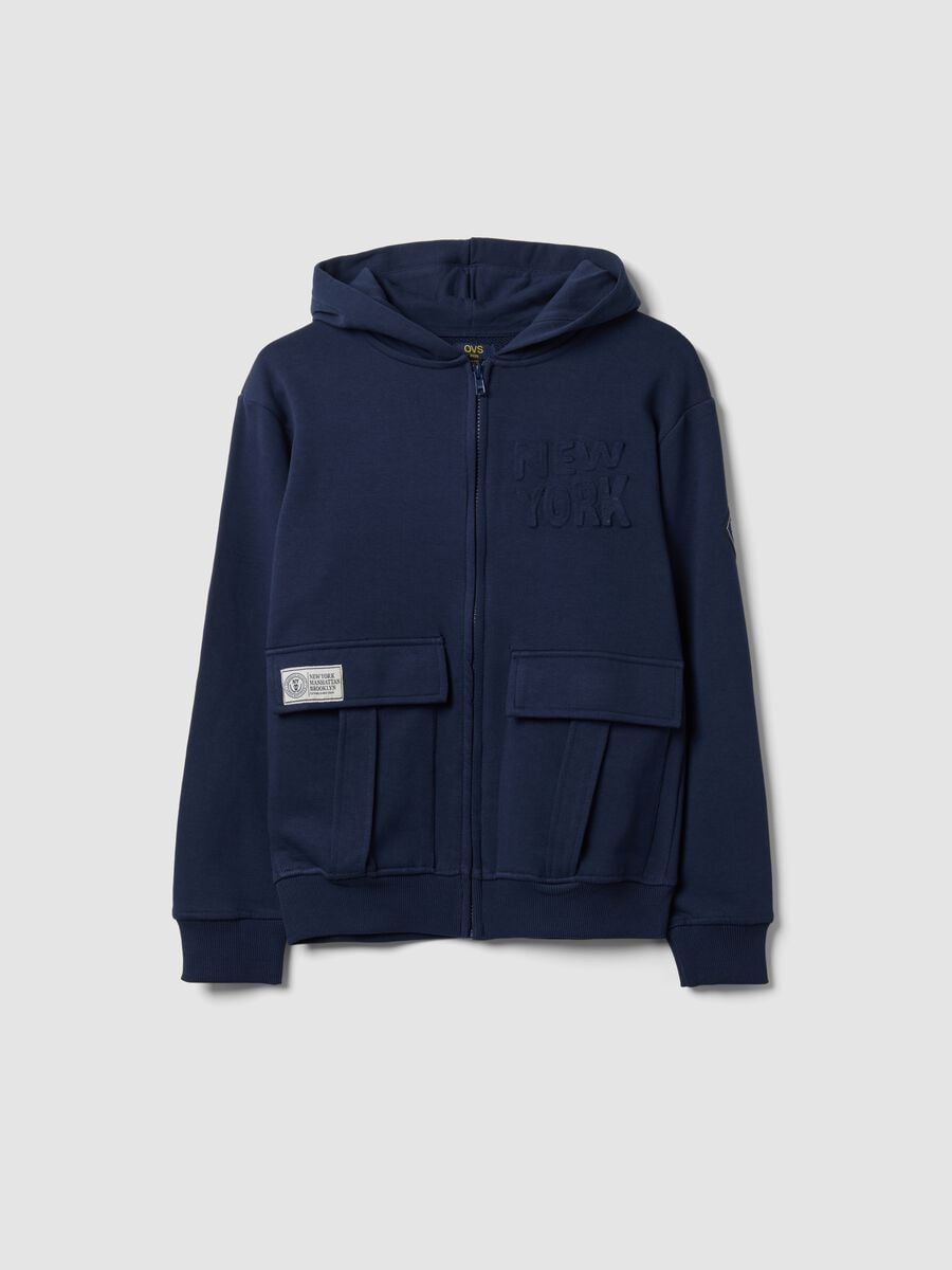 Blue pure cotton hoodie with crew neck_0