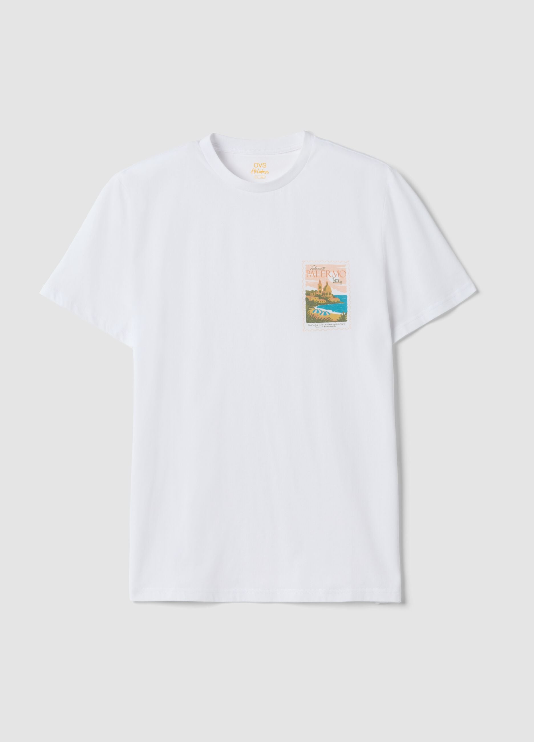 White pure cotton T-shirt with chest print, regular fit