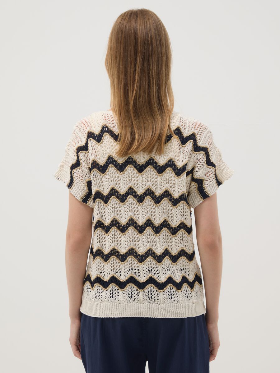 Beige openwork top with blue stripes in stretch cotton, regular fit_3