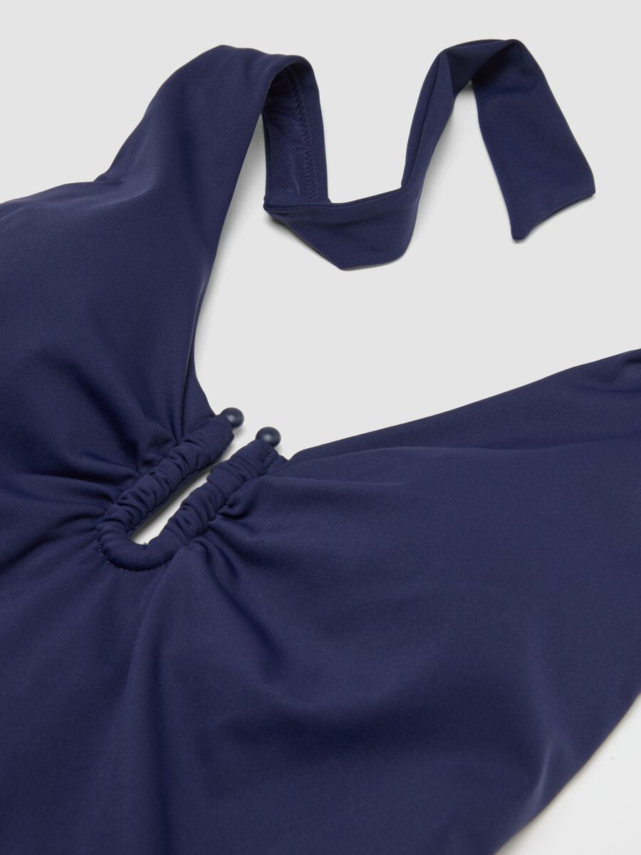 Blue stretch fabric swimsuit with halterneck ties_5