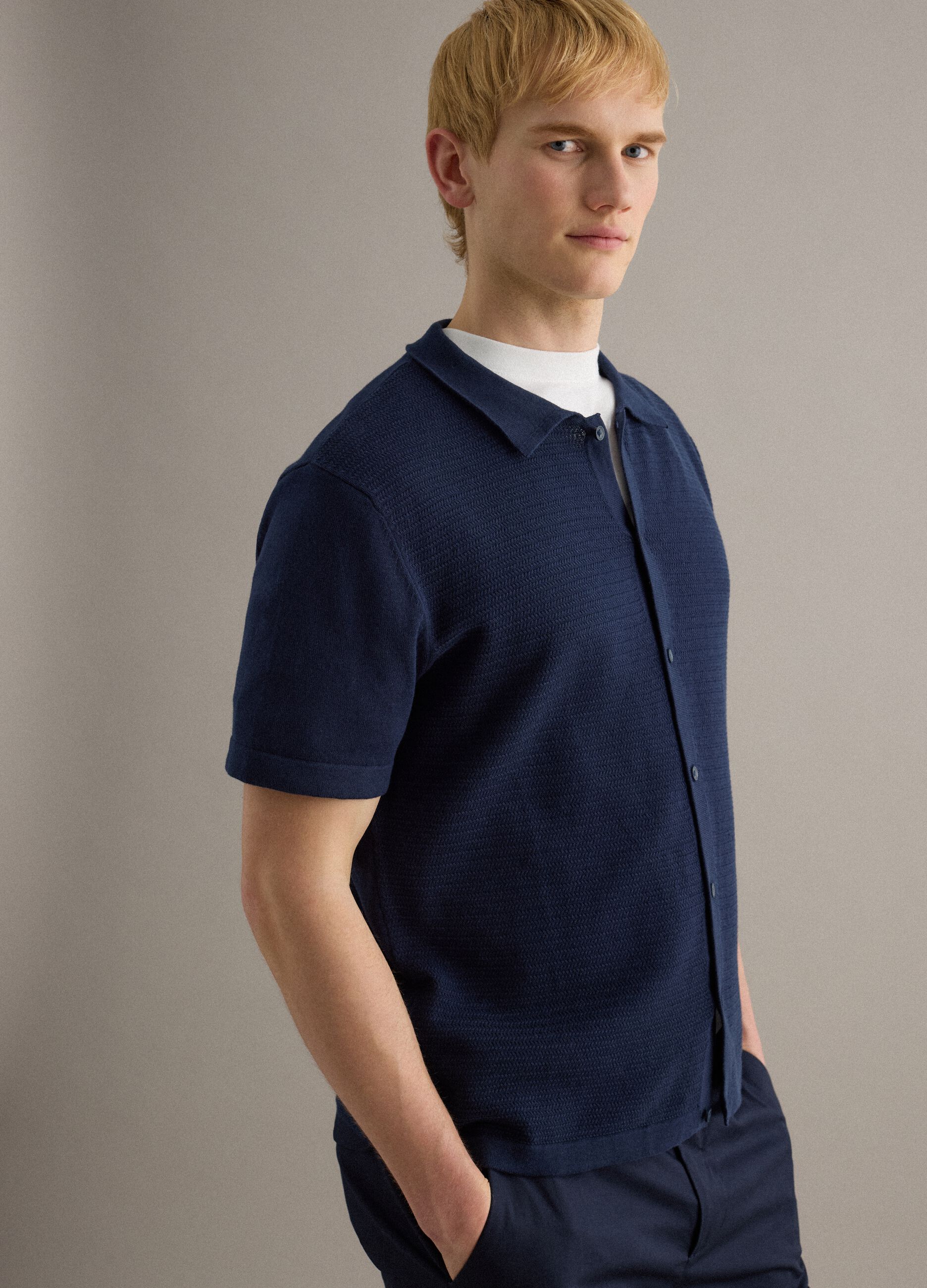 Blue pure cotton polo with buttons, regular fit