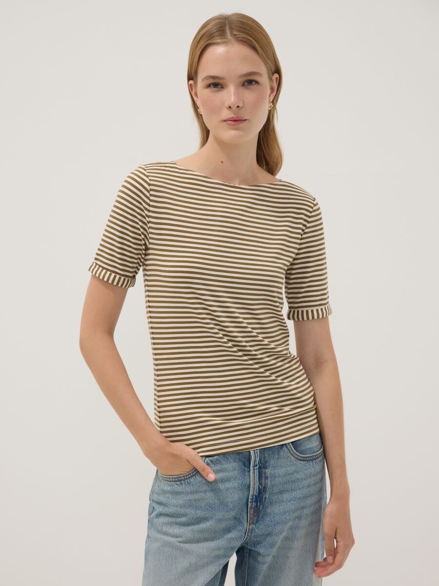 White striped stretch viscose T-shirt_0
