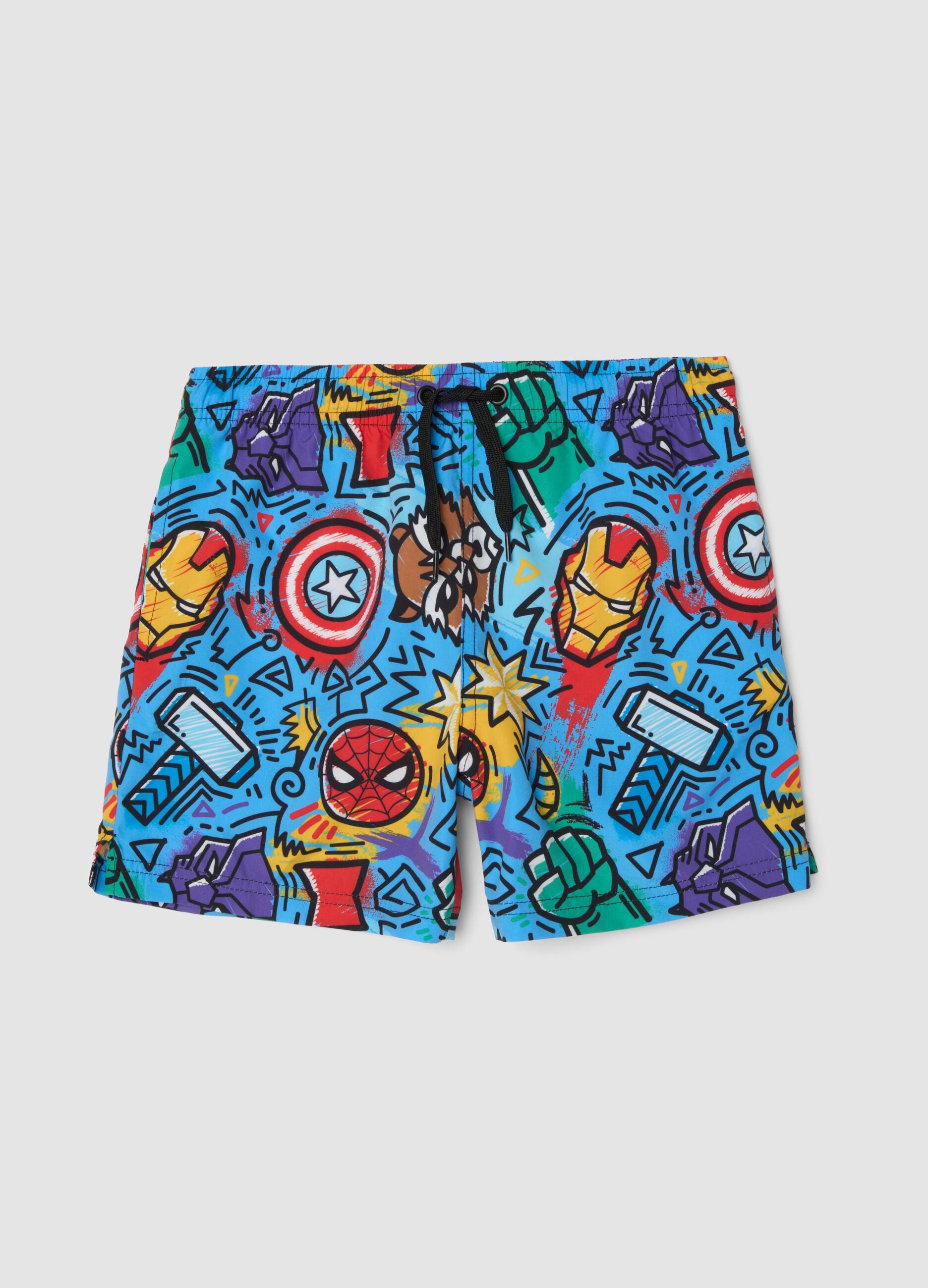 Blue Avengers print swim shorts