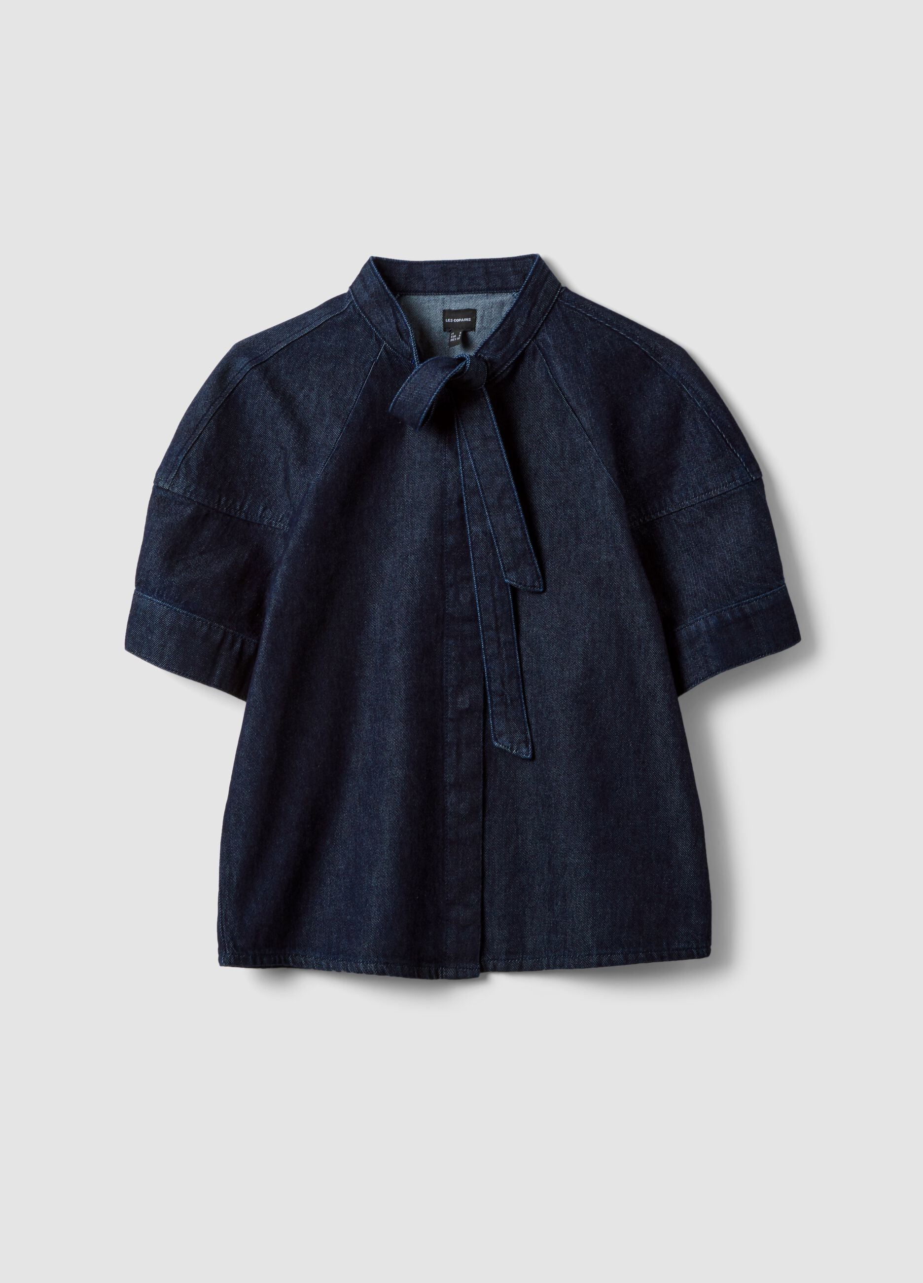 Regular-fit short-sleeved pure cotton denim shirt with tie detail