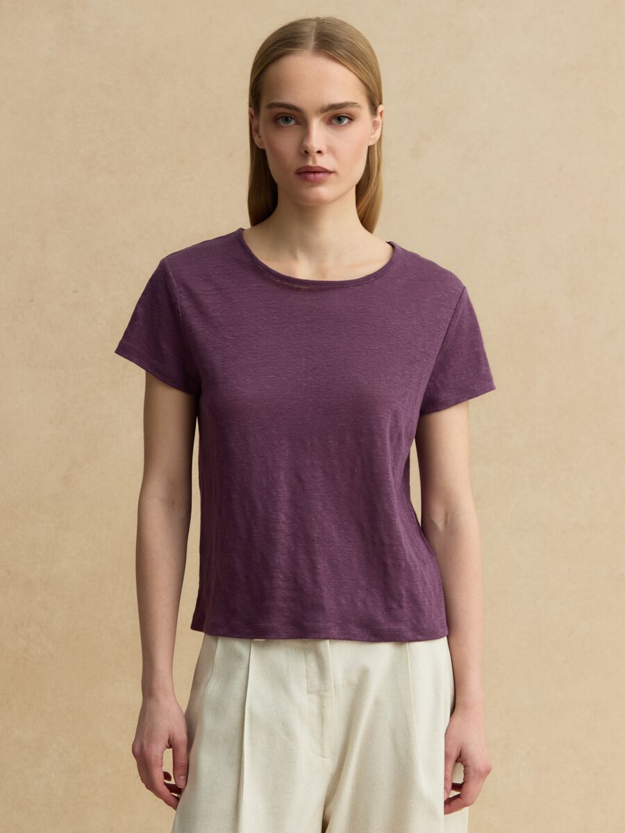 Purple short-sleeved pure linen T-shirt, regular fit_1