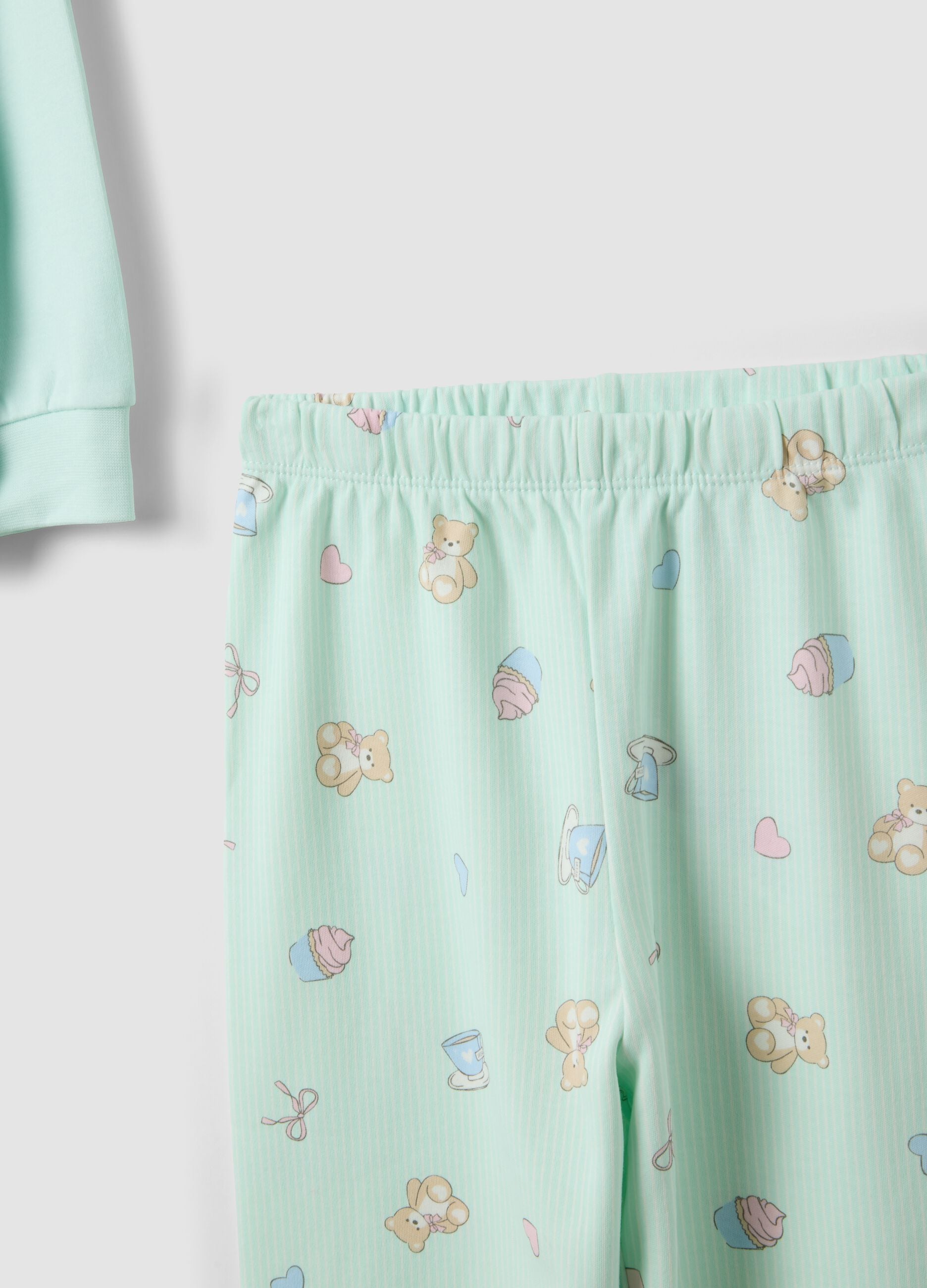 Green organic cotton pyjamas with crew neck and print for girls