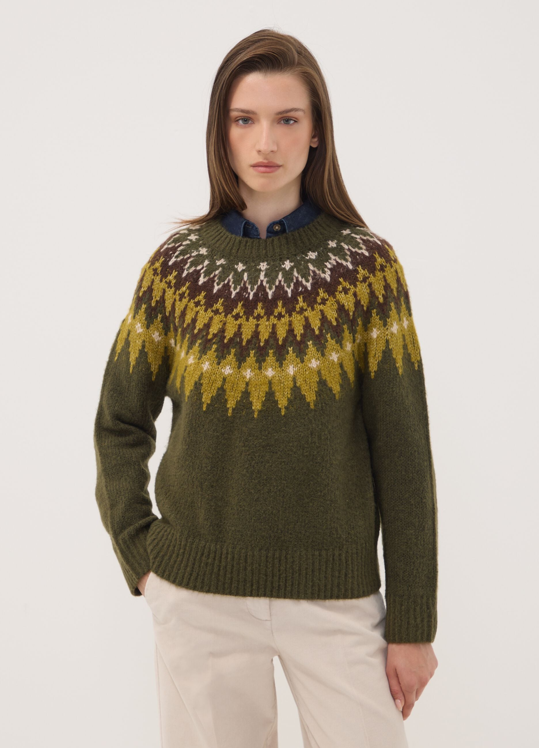 Green jacquard crew-neck jumper