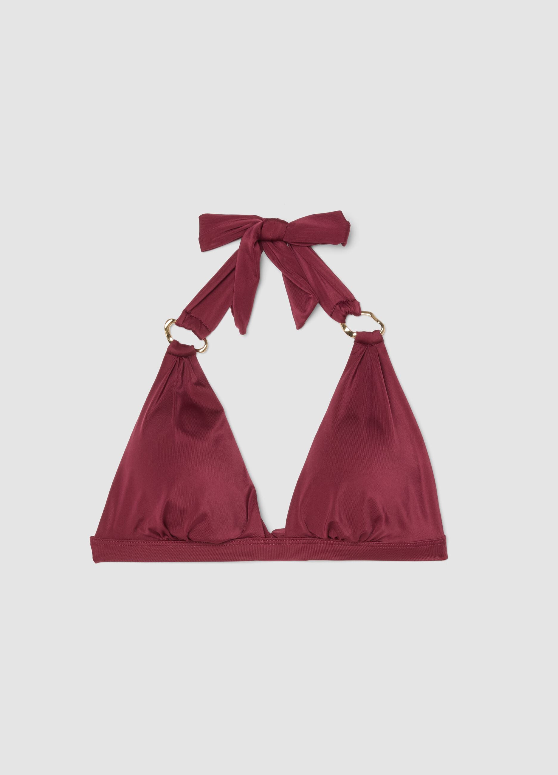 Red stretch triangle bikini top with neck bow