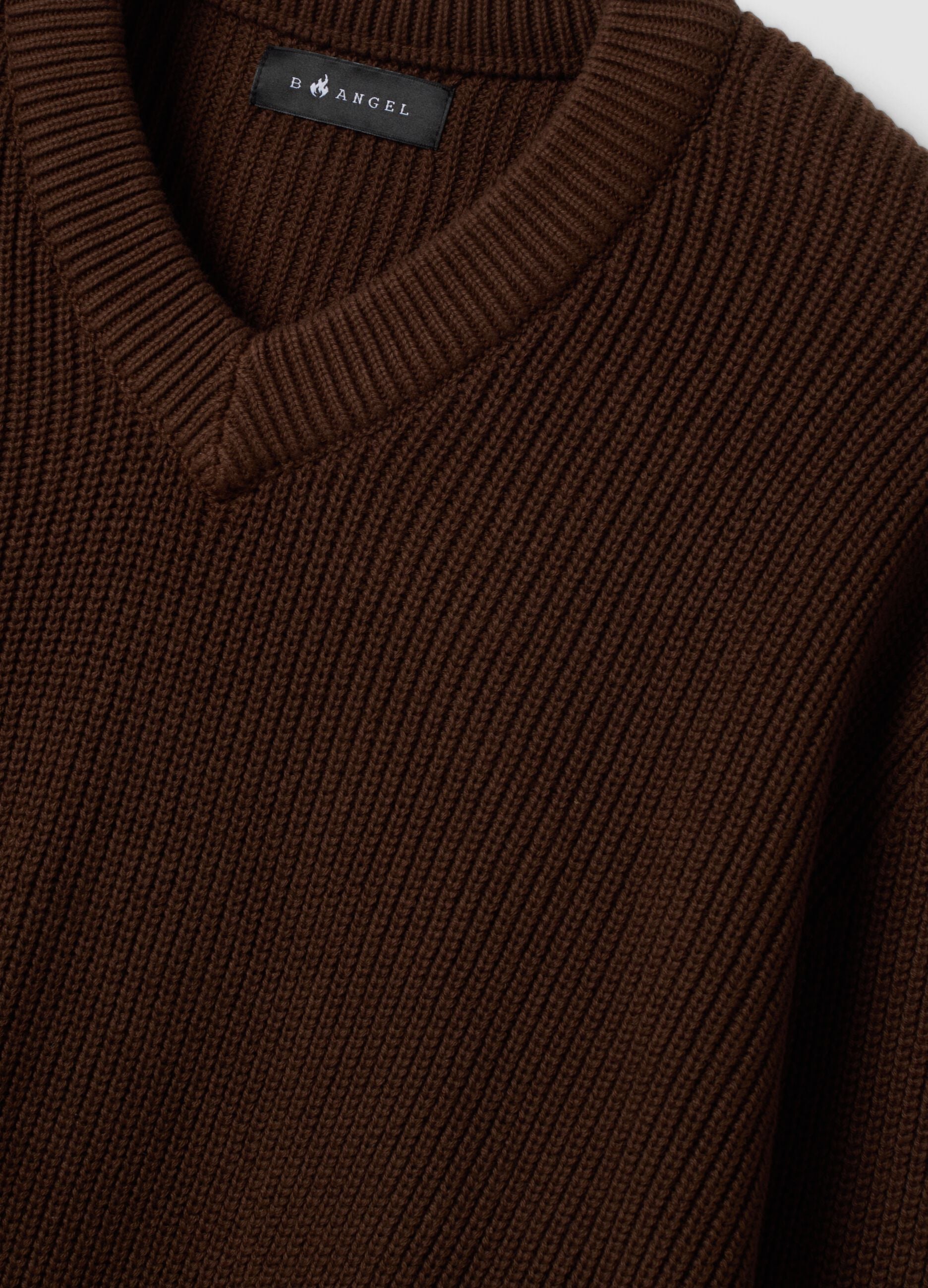 Brown pure cotton jumper with deep V-neck, regular fit