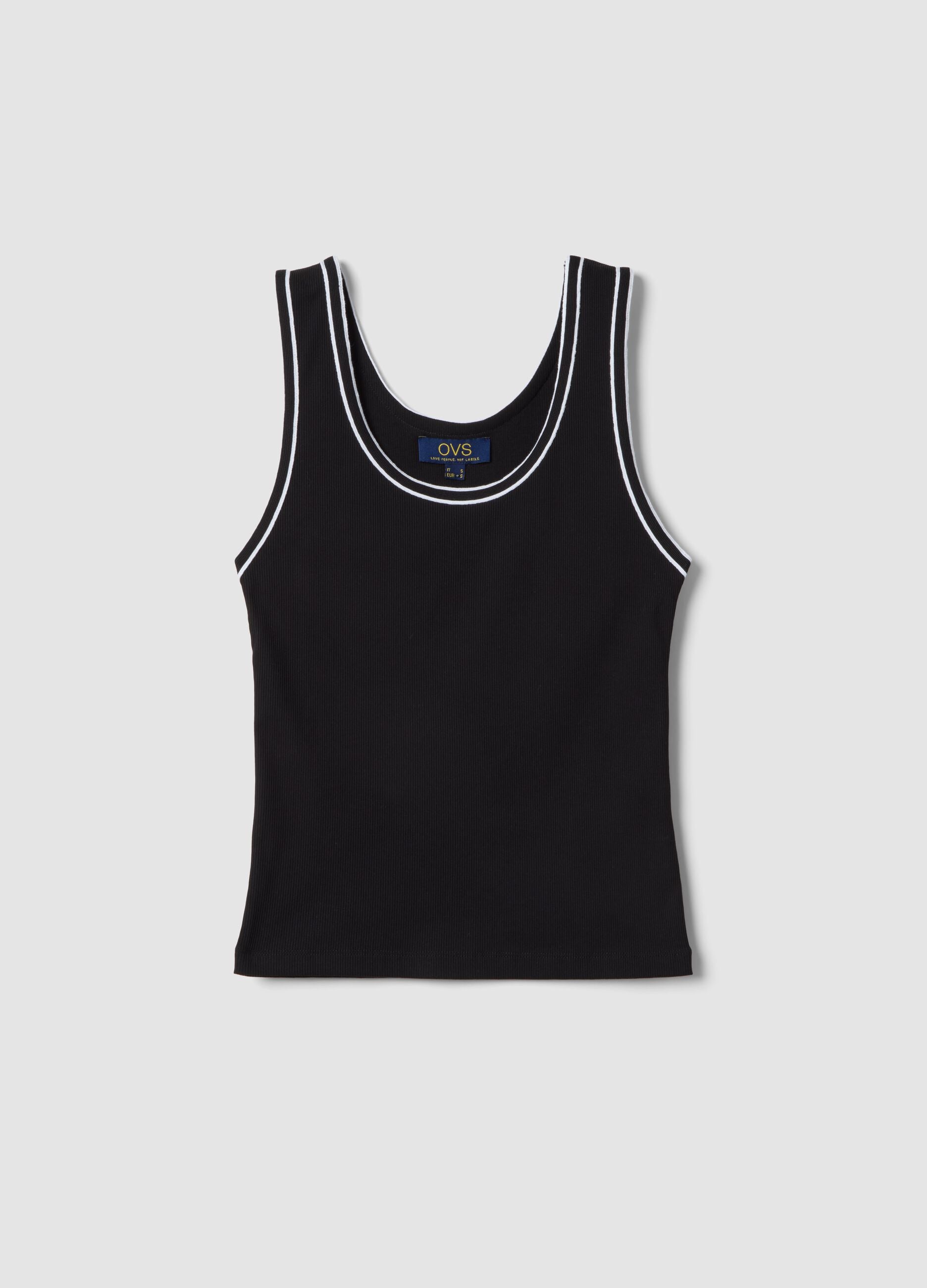 Black stretchy cotton regular fit tank top with trim