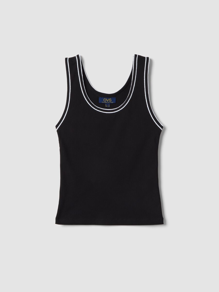 Black stretchy cotton regular fit tank top with trim_4