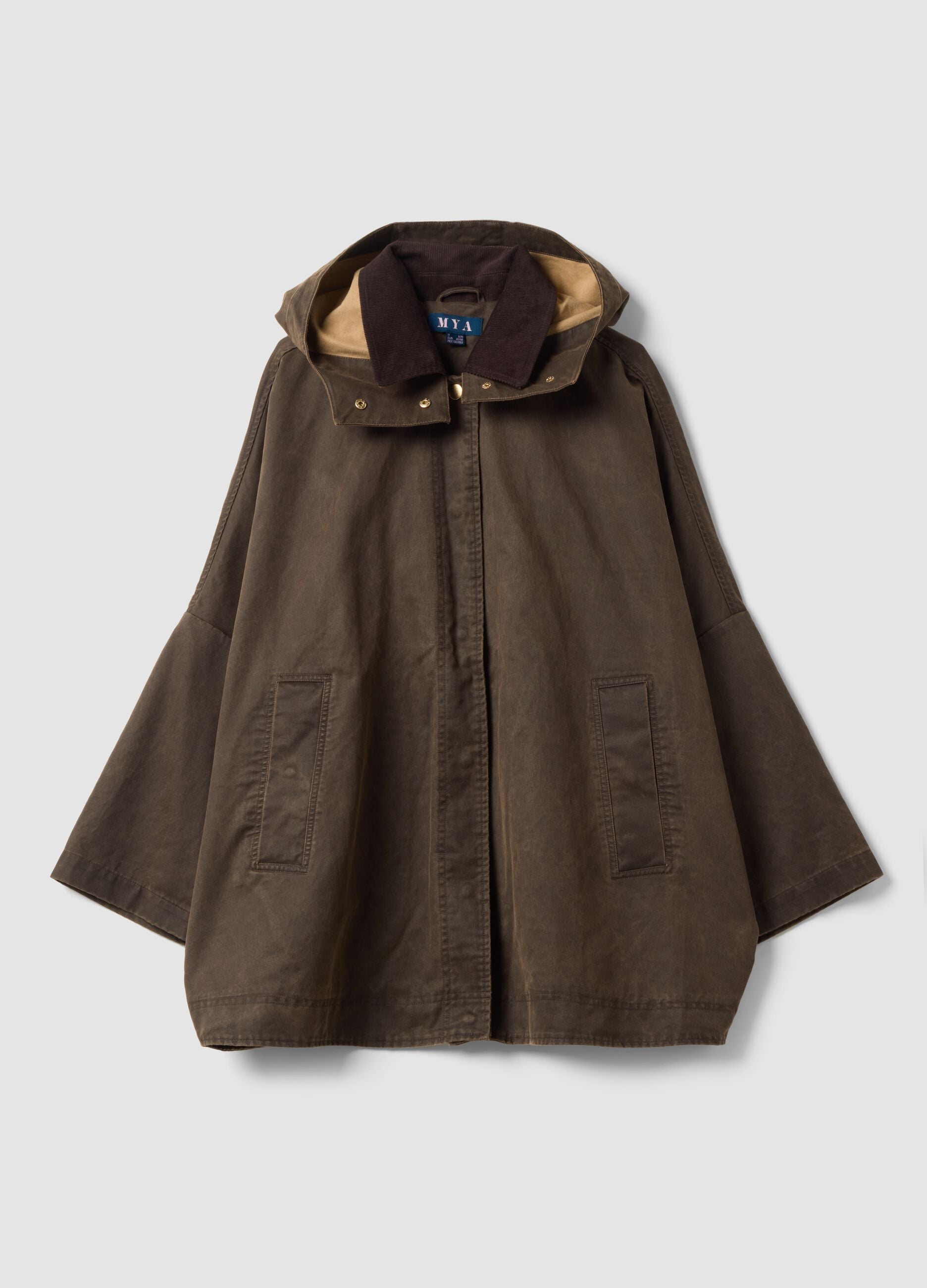 Brown hooded cotton-blend jacket with relaxed fit and contrast collar