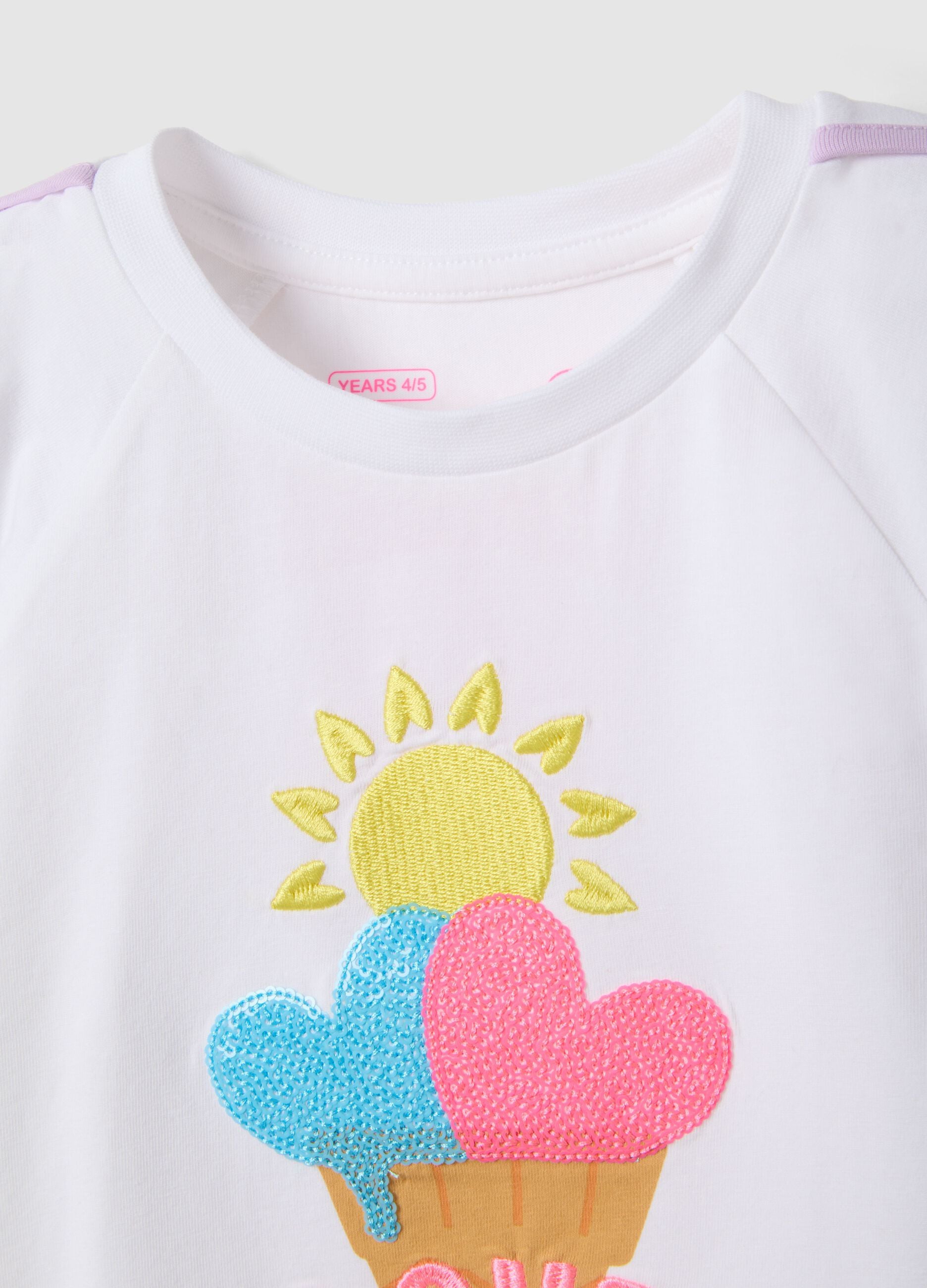 White stretch cotton T-shirt for girls with ice cream print