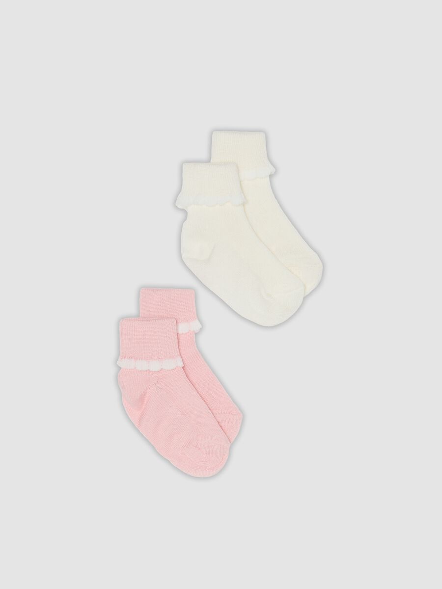 2-pack of pink and white short baby girl socks with frill trim_0