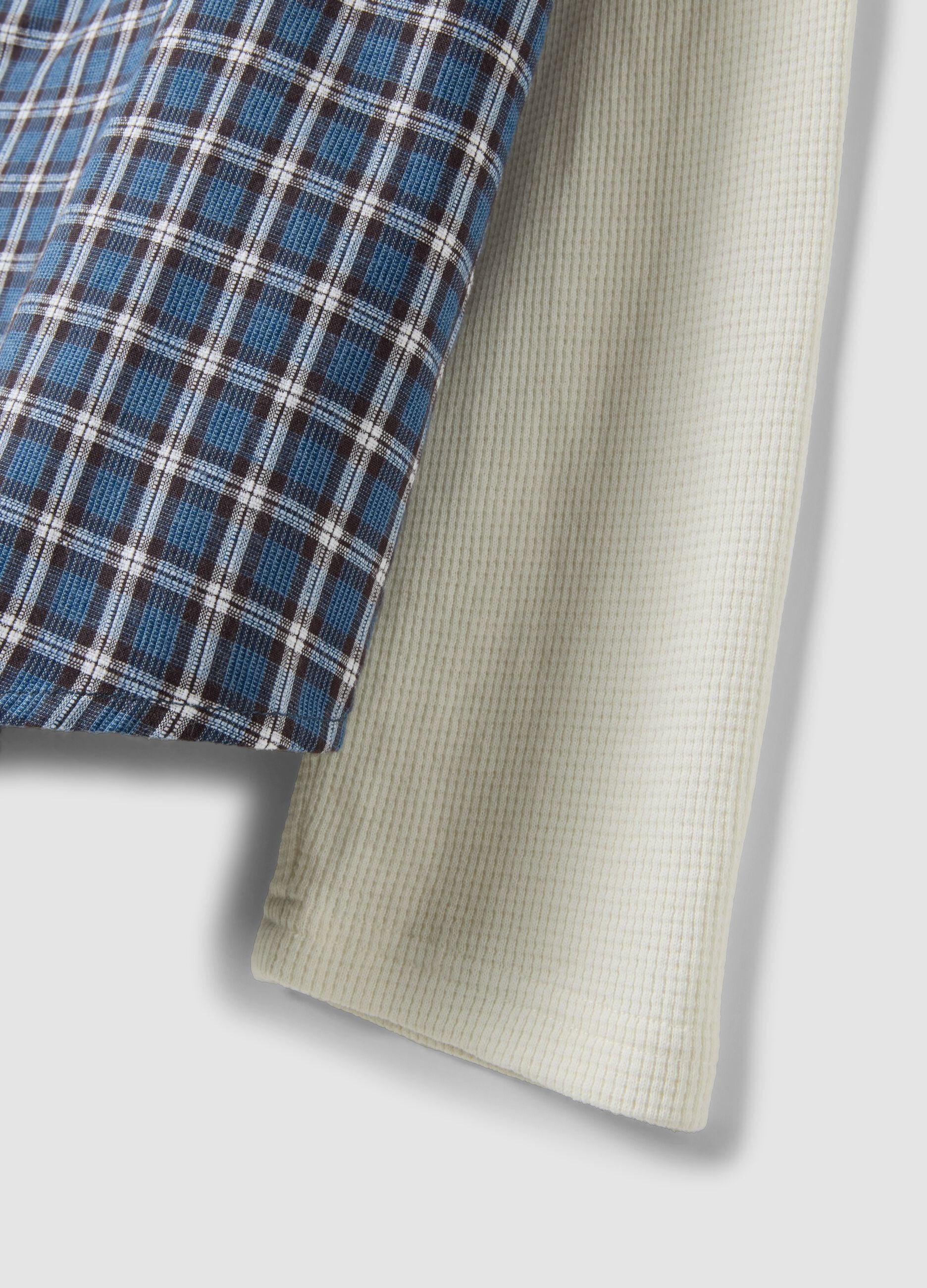 Blue cropped pure cotton checked shirt with layered double sleeves, oversized fit