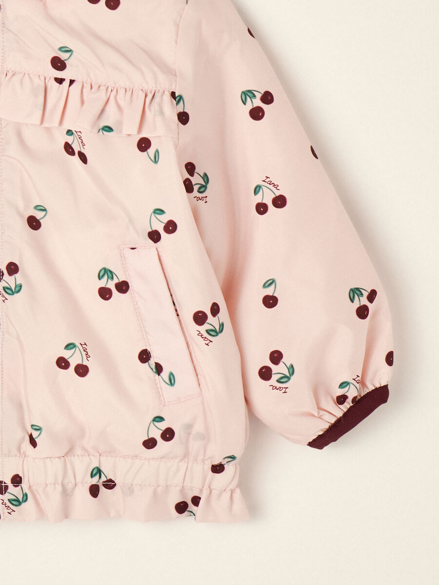Pink padded hooded jacket with cherry print_1
