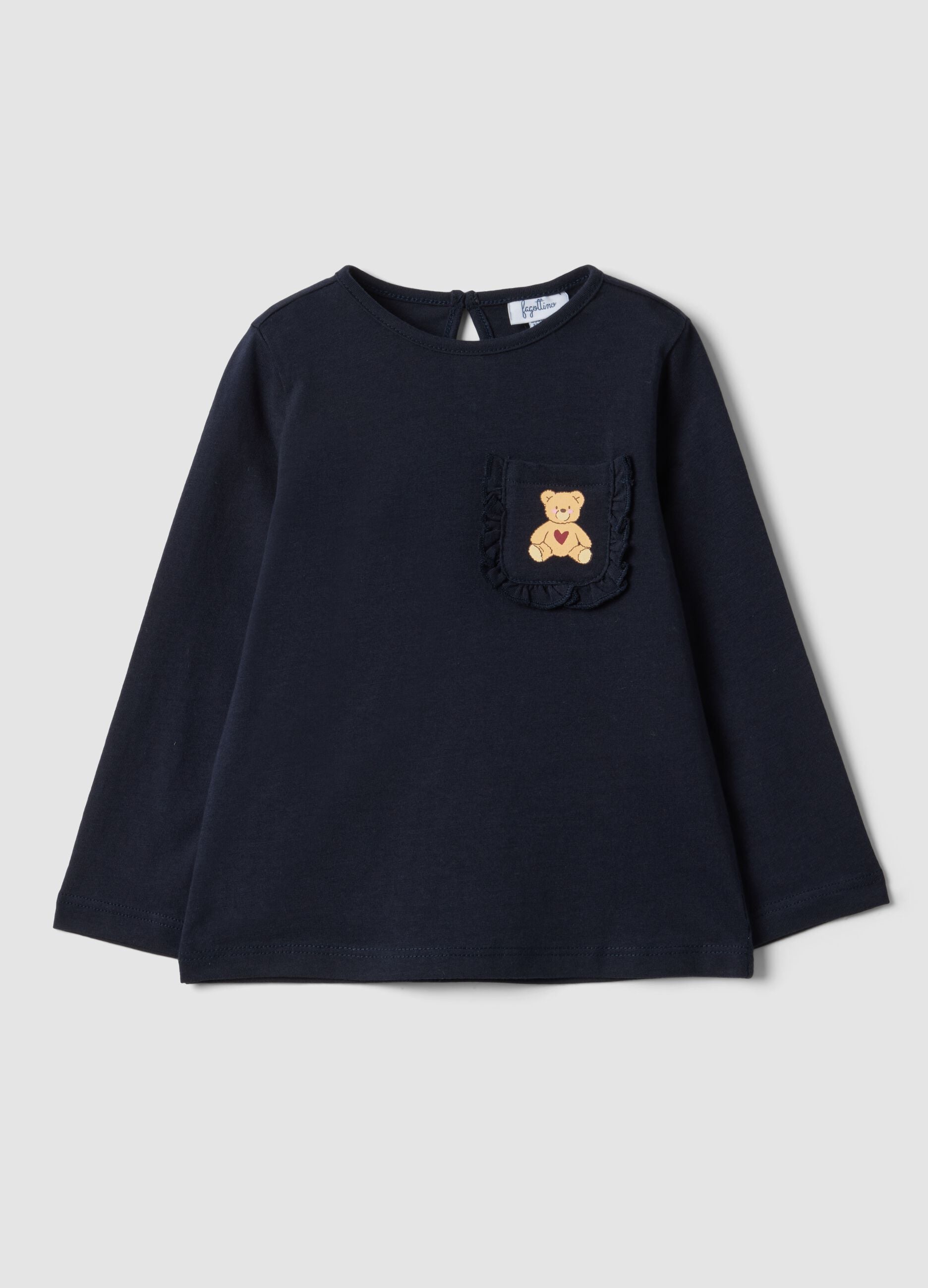 Blue pure organic cotton T-shirt with teddy bear print for baby girl