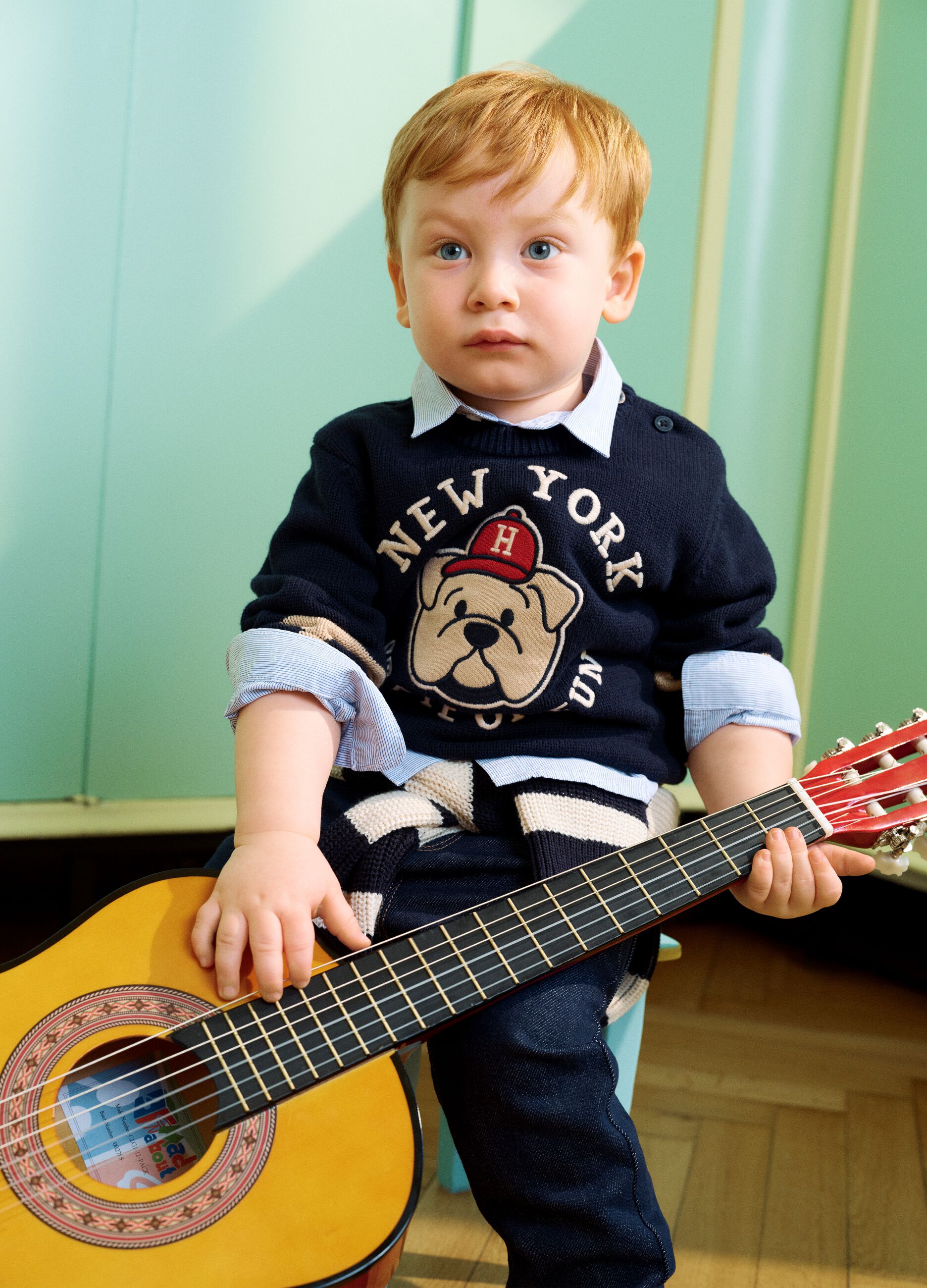 Blue pure cotton crew-neck jumper with puppy print for baby boy