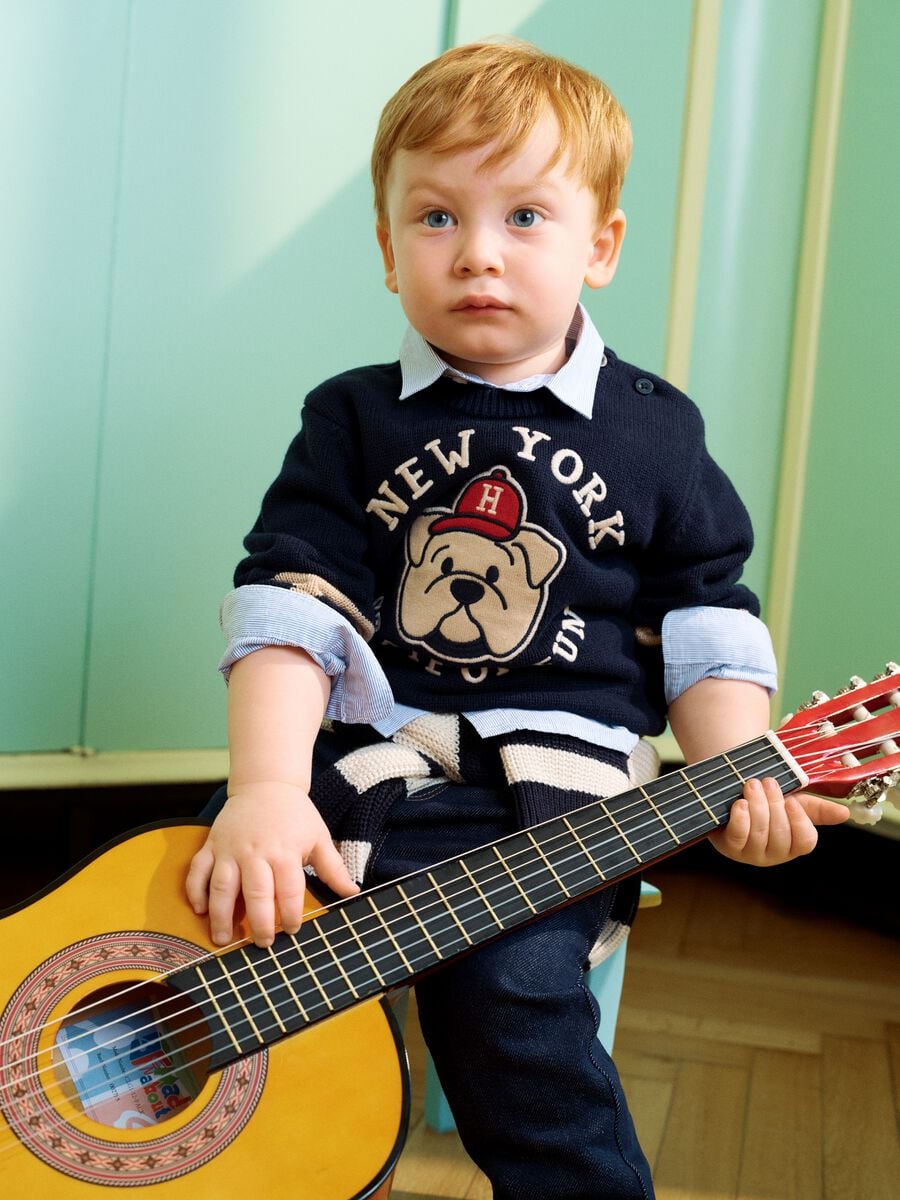 Blue pure cotton crew-neck jumper with puppy print for baby boy_0