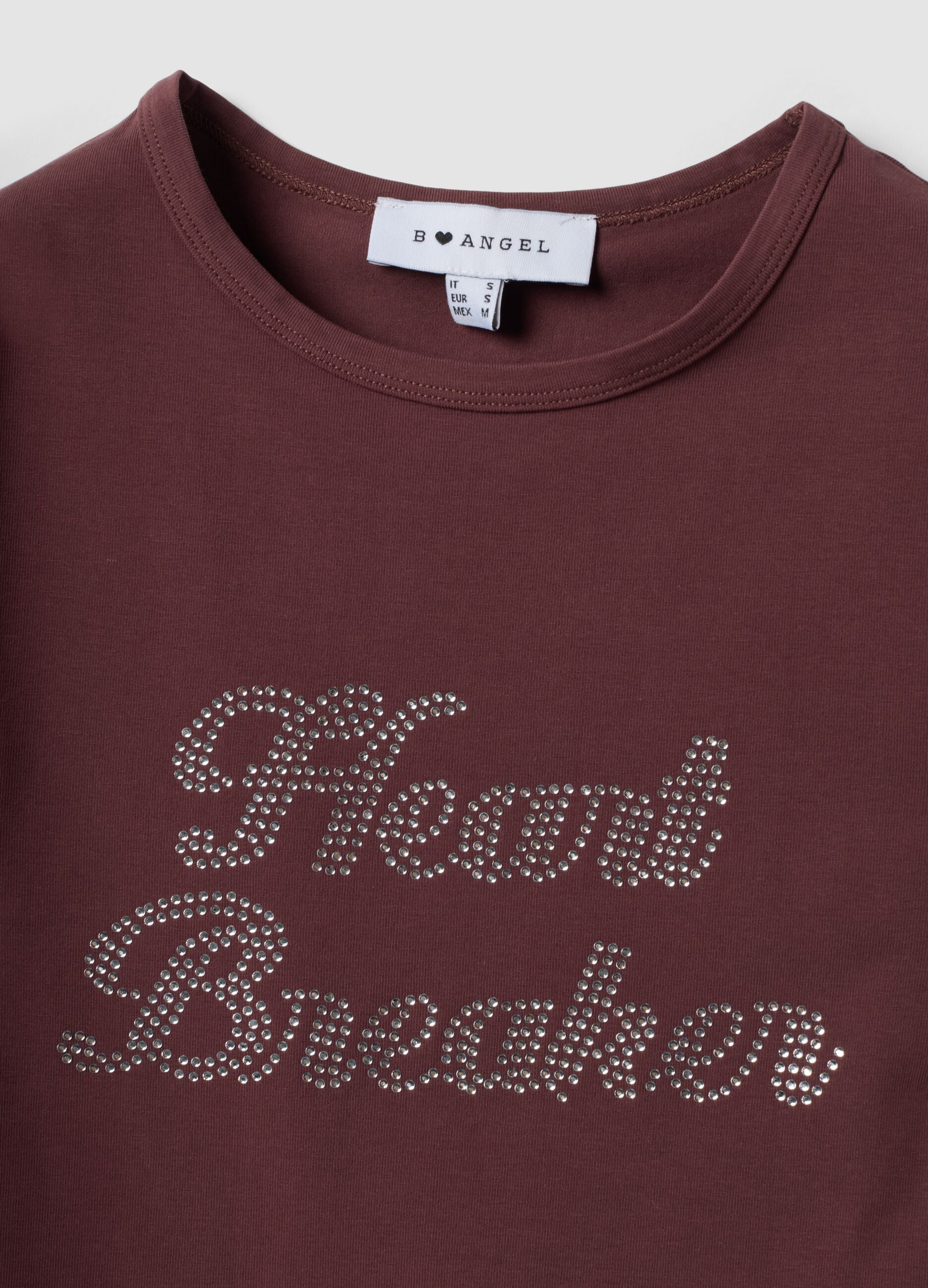 Brown fitted stretch-cotton T-shirt with rhinestone embellishments