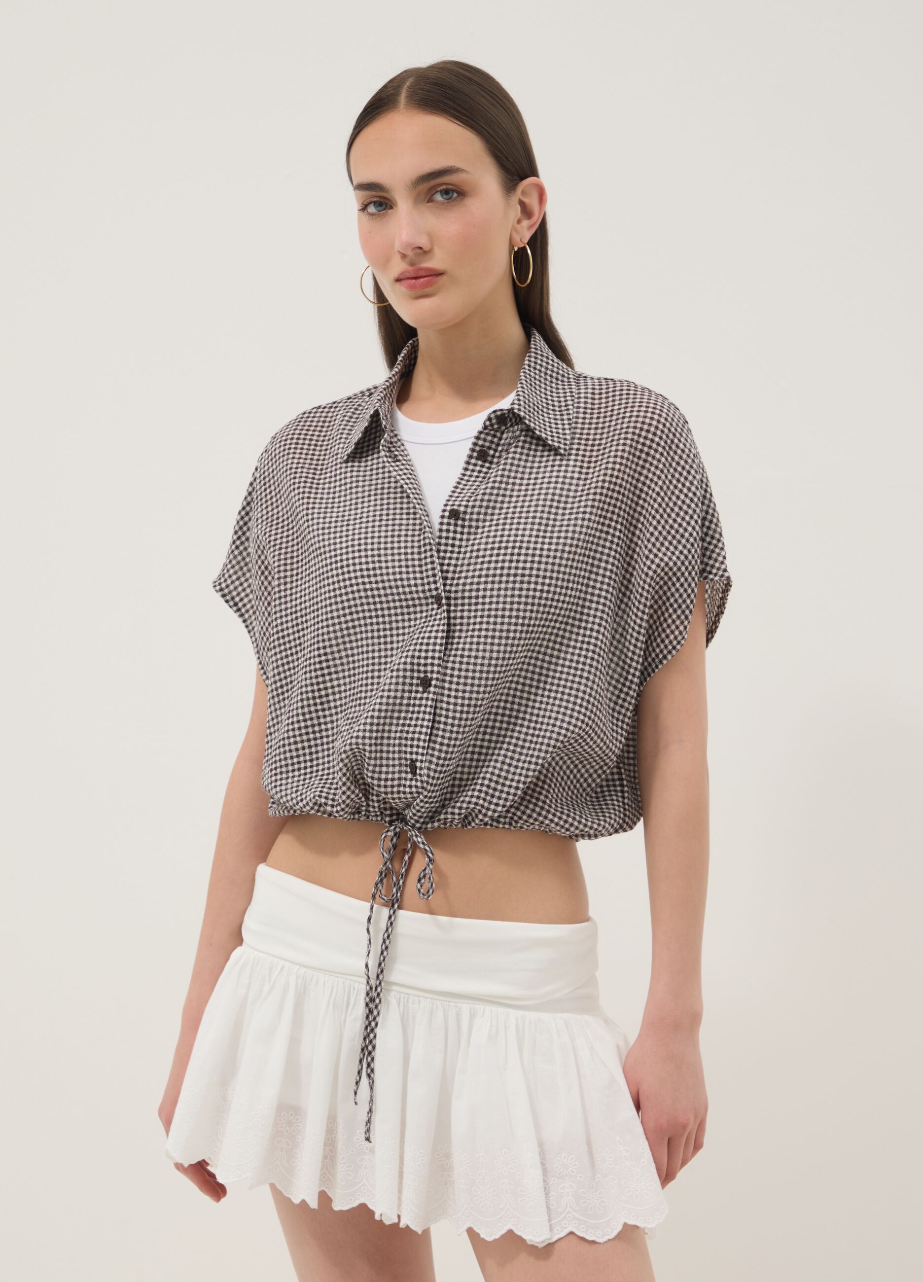 Multicoloured gingham cropped stretch-cotton shirt