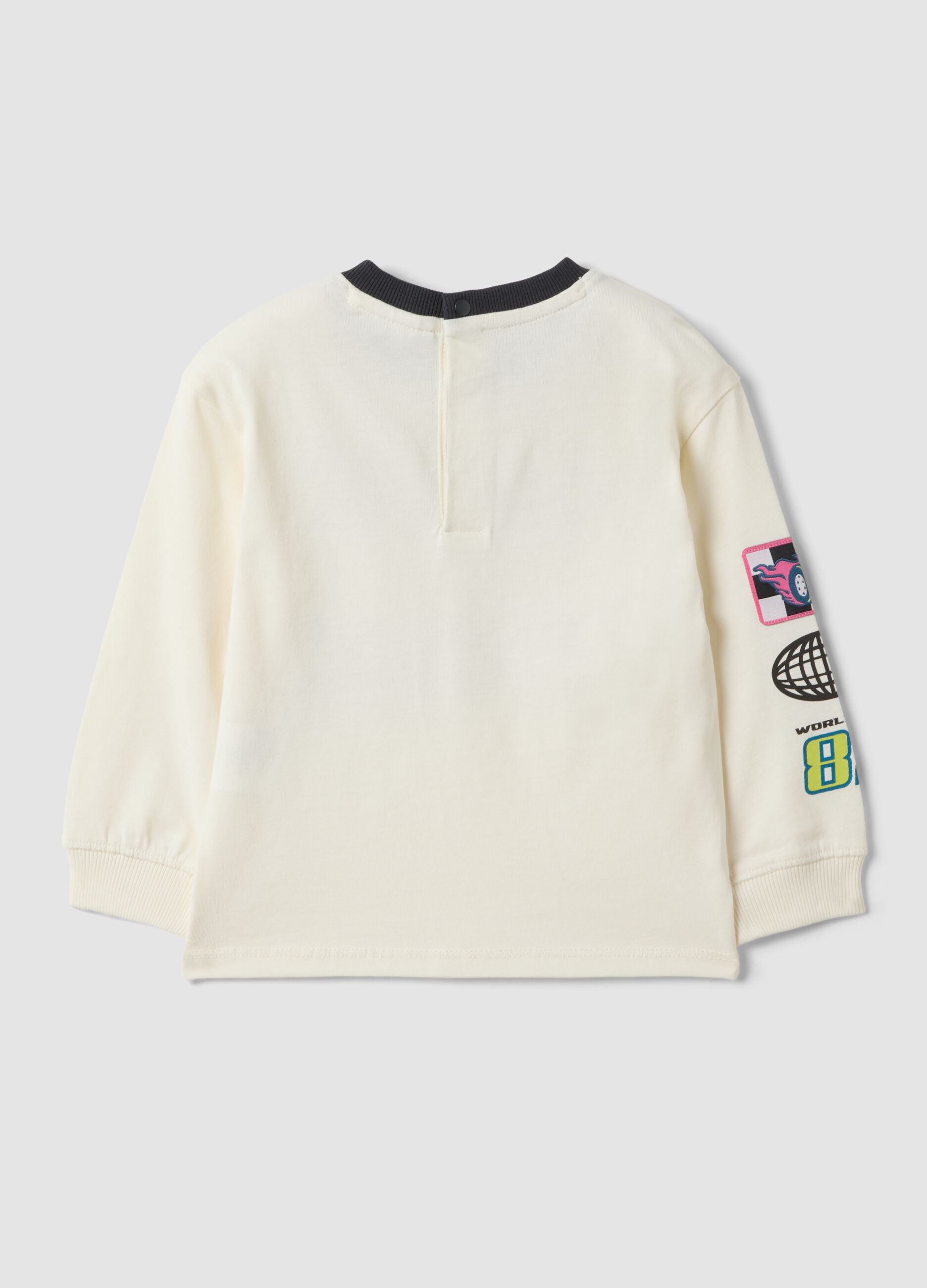 White pure cotton crew-neck T-shirt with racing print for baby boy