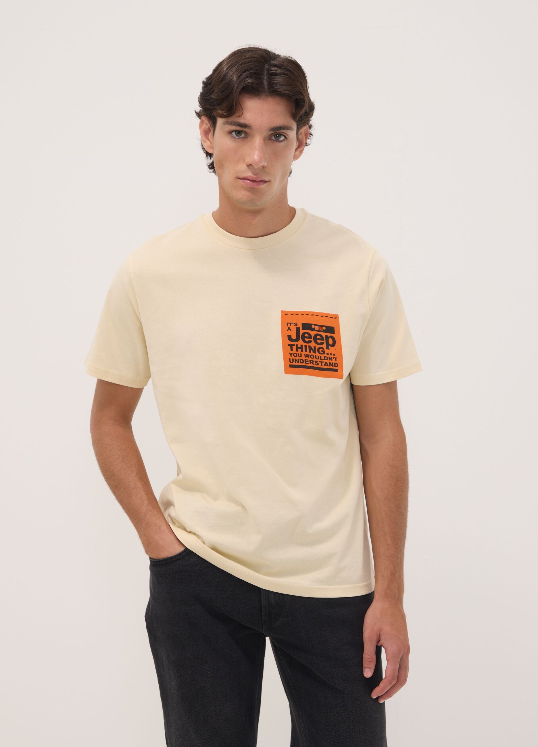 Beige pure cotton crew-neck T-shirt with Jeep print