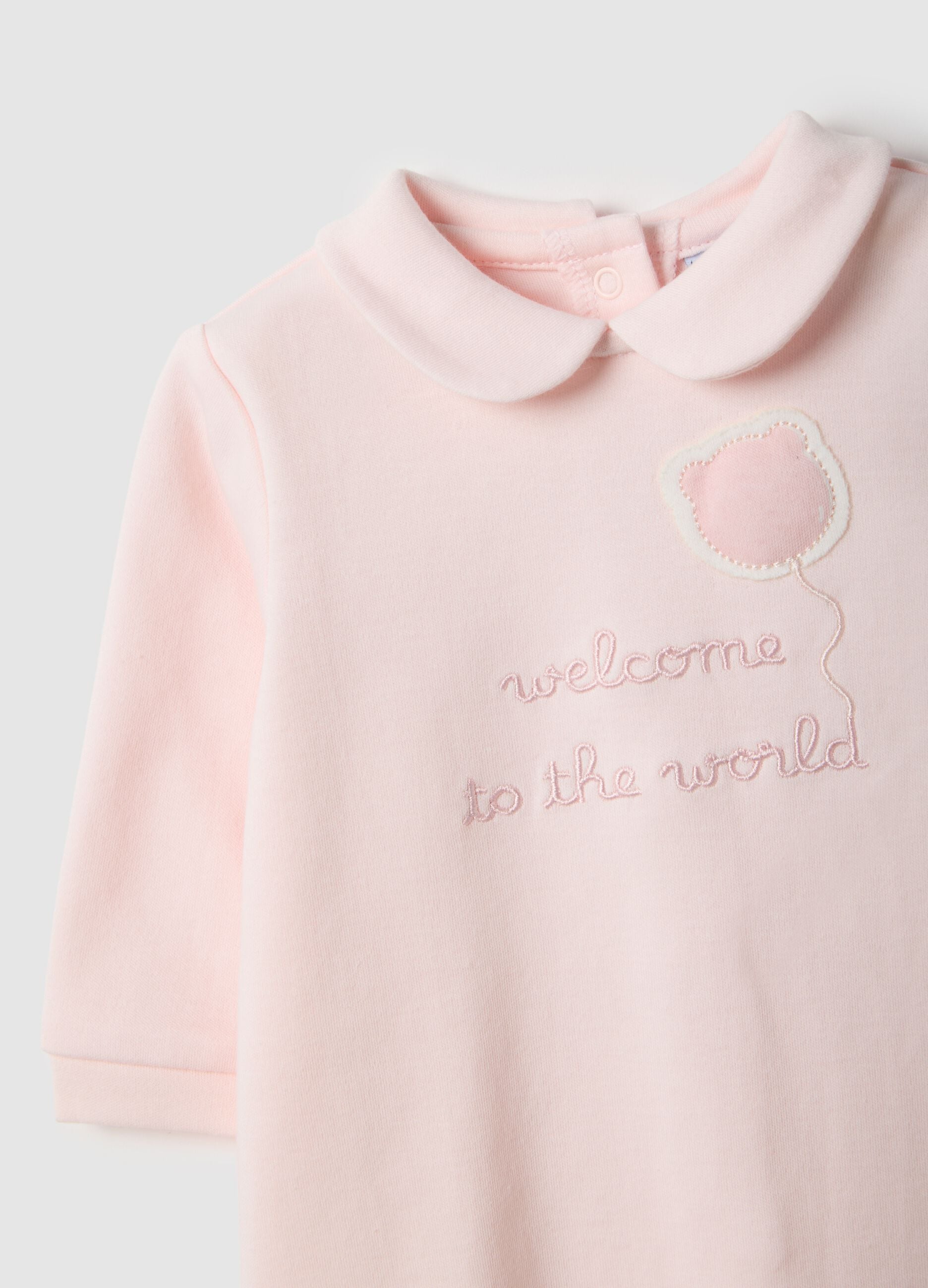 Baby pink pure cotton sleep suit with long sleeves and embroidery