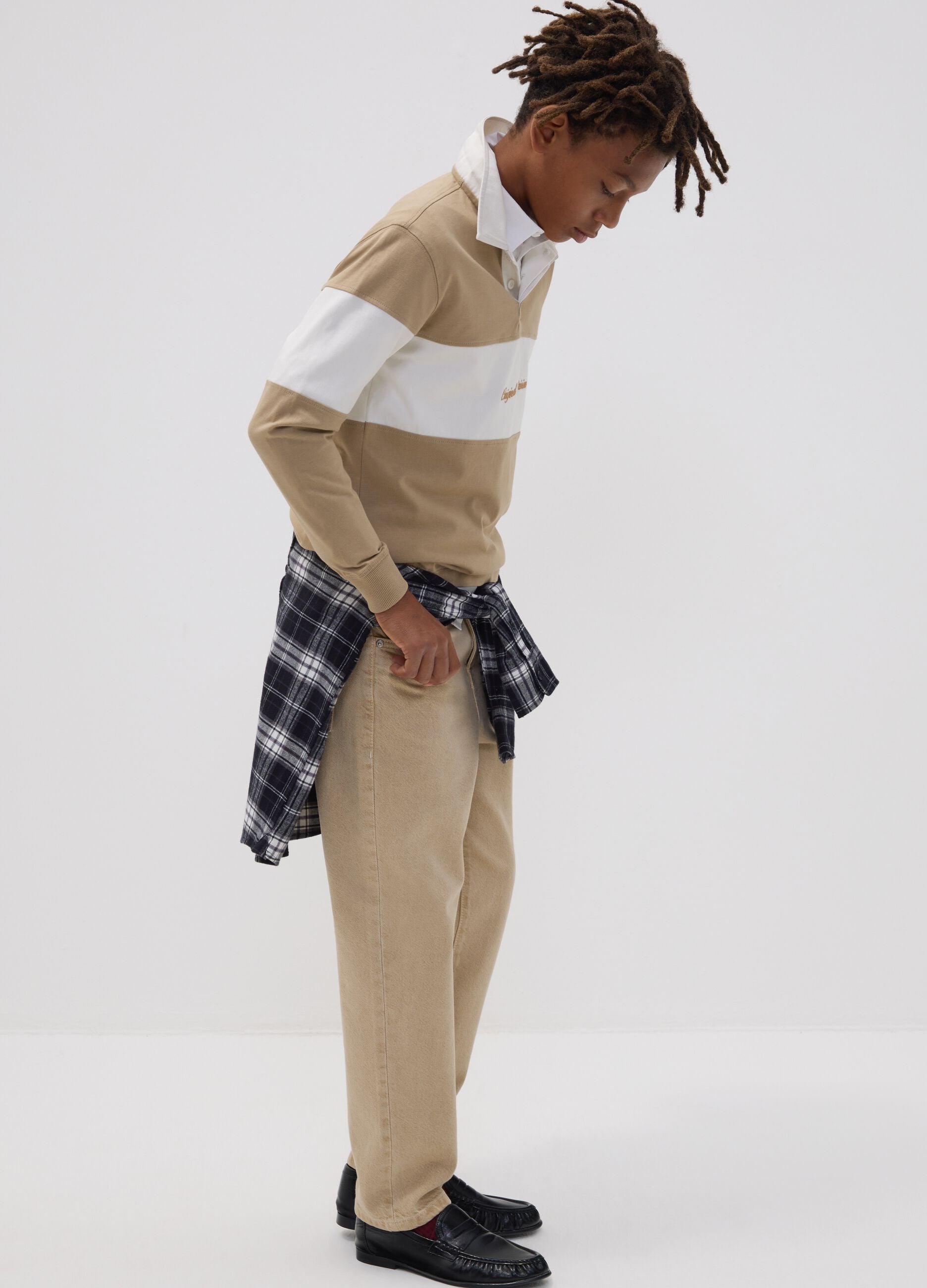Beige cotton denim jeans, relaxed fit for boys