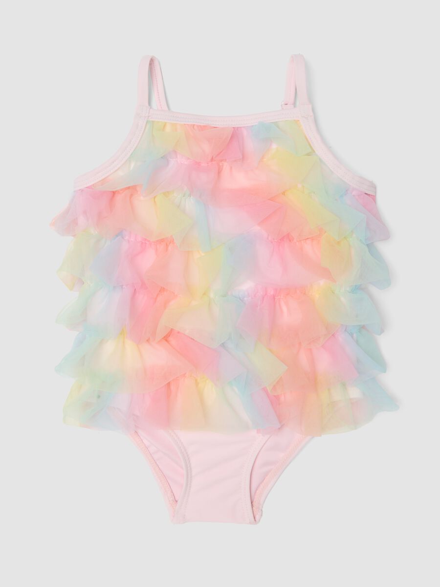 Costume intero rosa con volant in tulle per neonata_0
