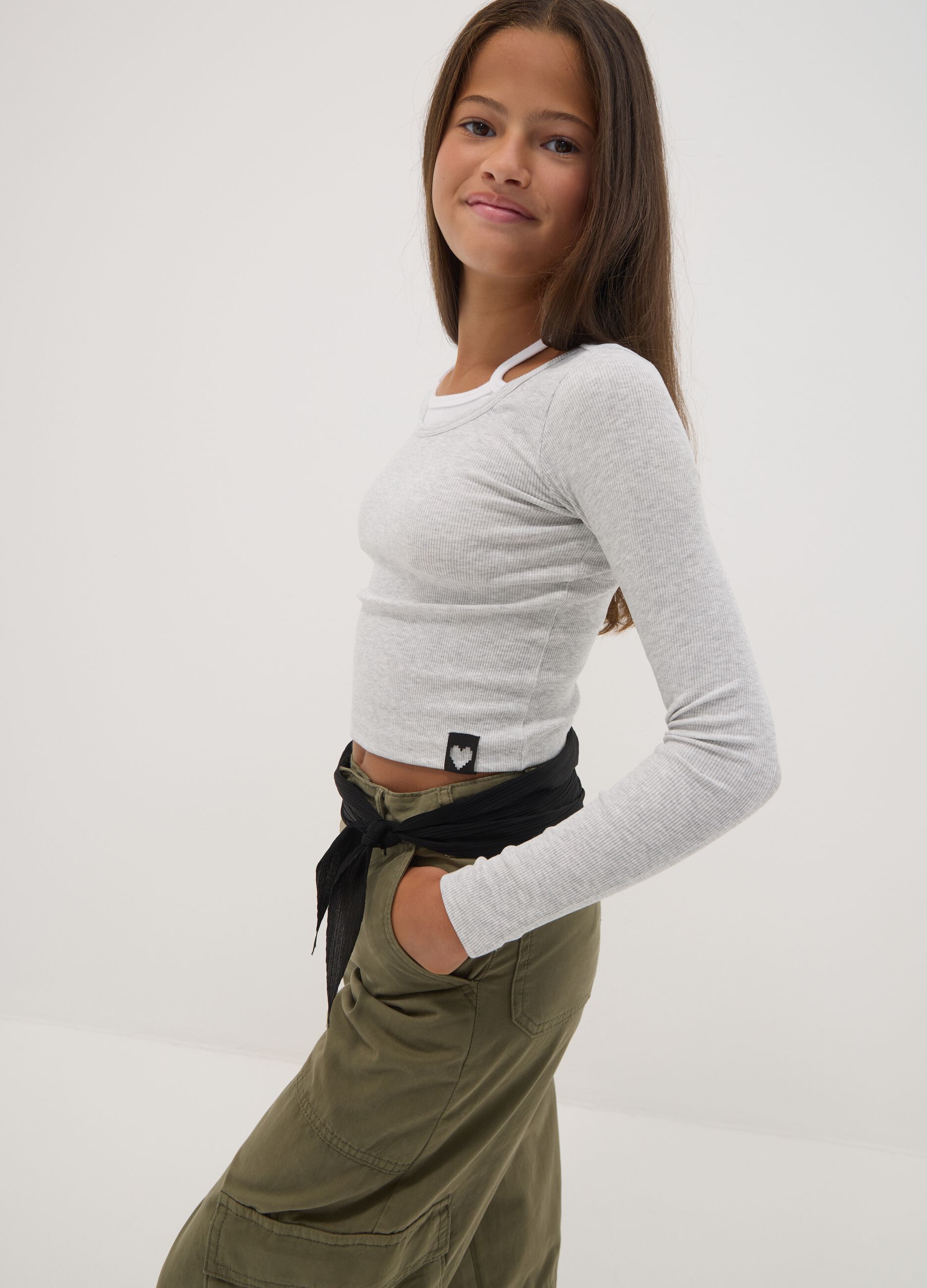 Grey stretch-cotton T-shirt with slim-fit straps