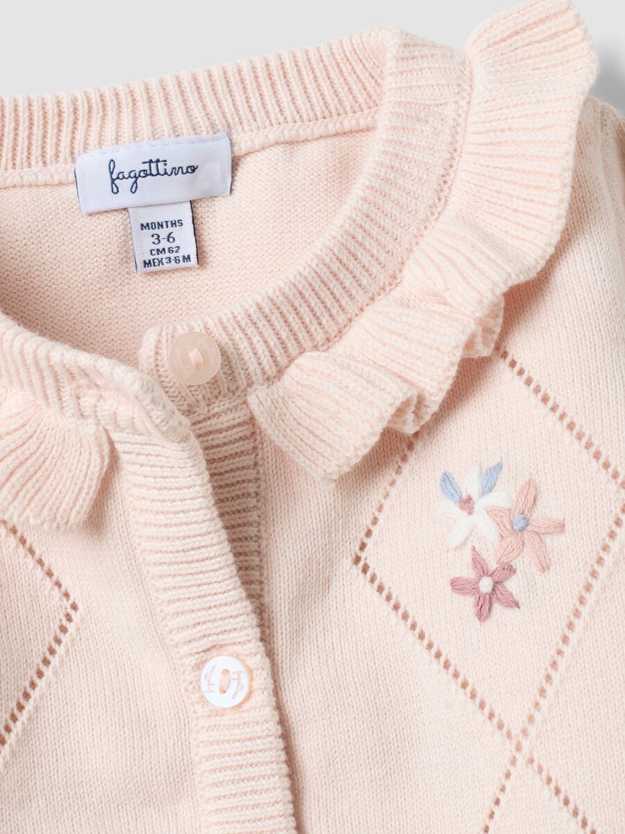 Pink pure organic cotton baby girl cardigan with ruffled collar_2