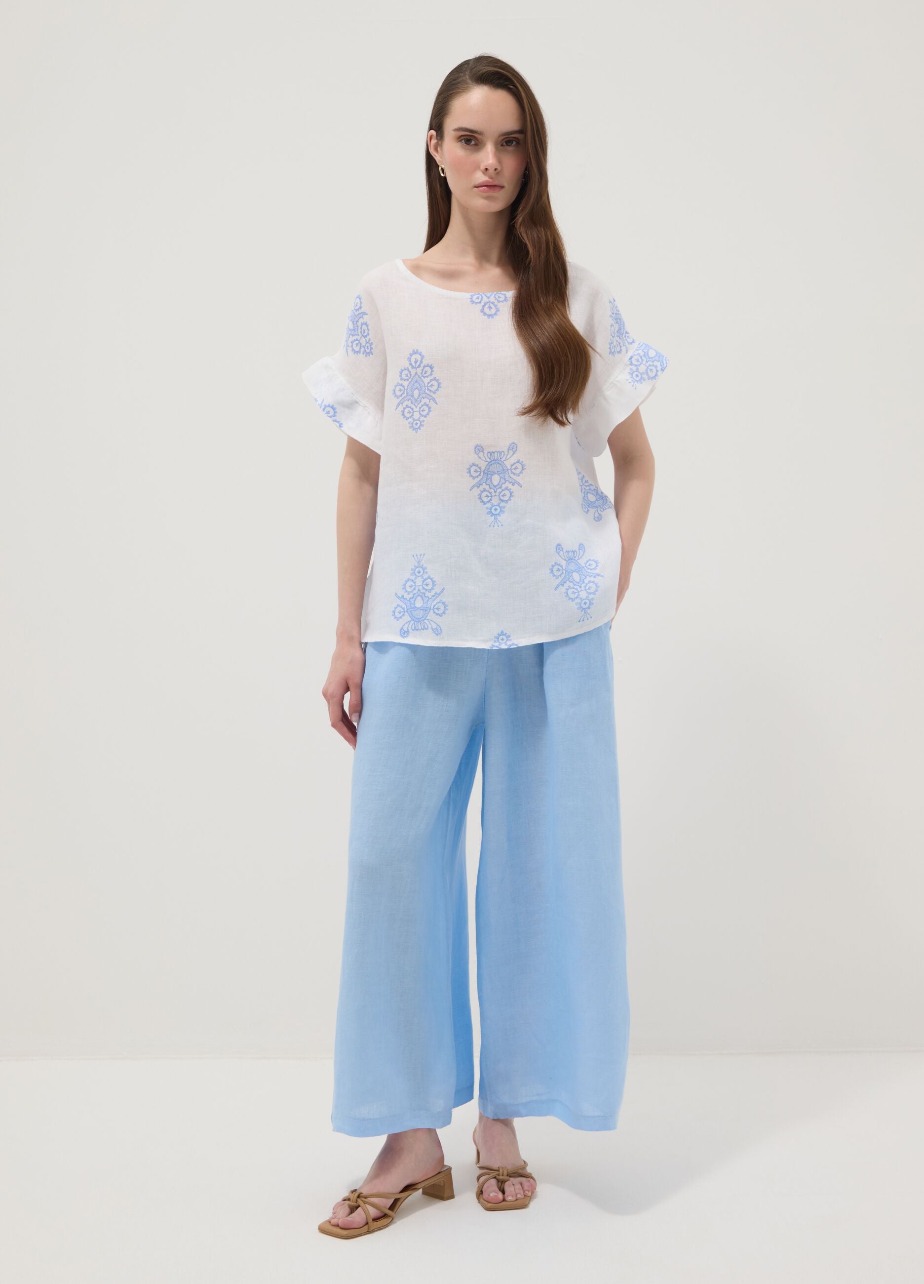 White pure linen blouse with embroidery and ruffle sleeves, regular fit