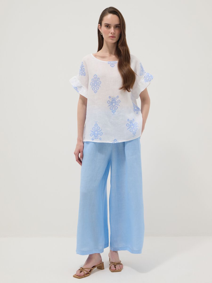White pure linen blouse with embroidery and ruffle sleeves, regular fit_2