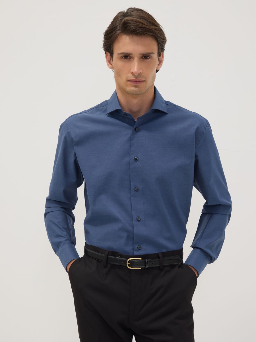 Blue pure cotton shirt with French collar, regular fit, easy iron_0