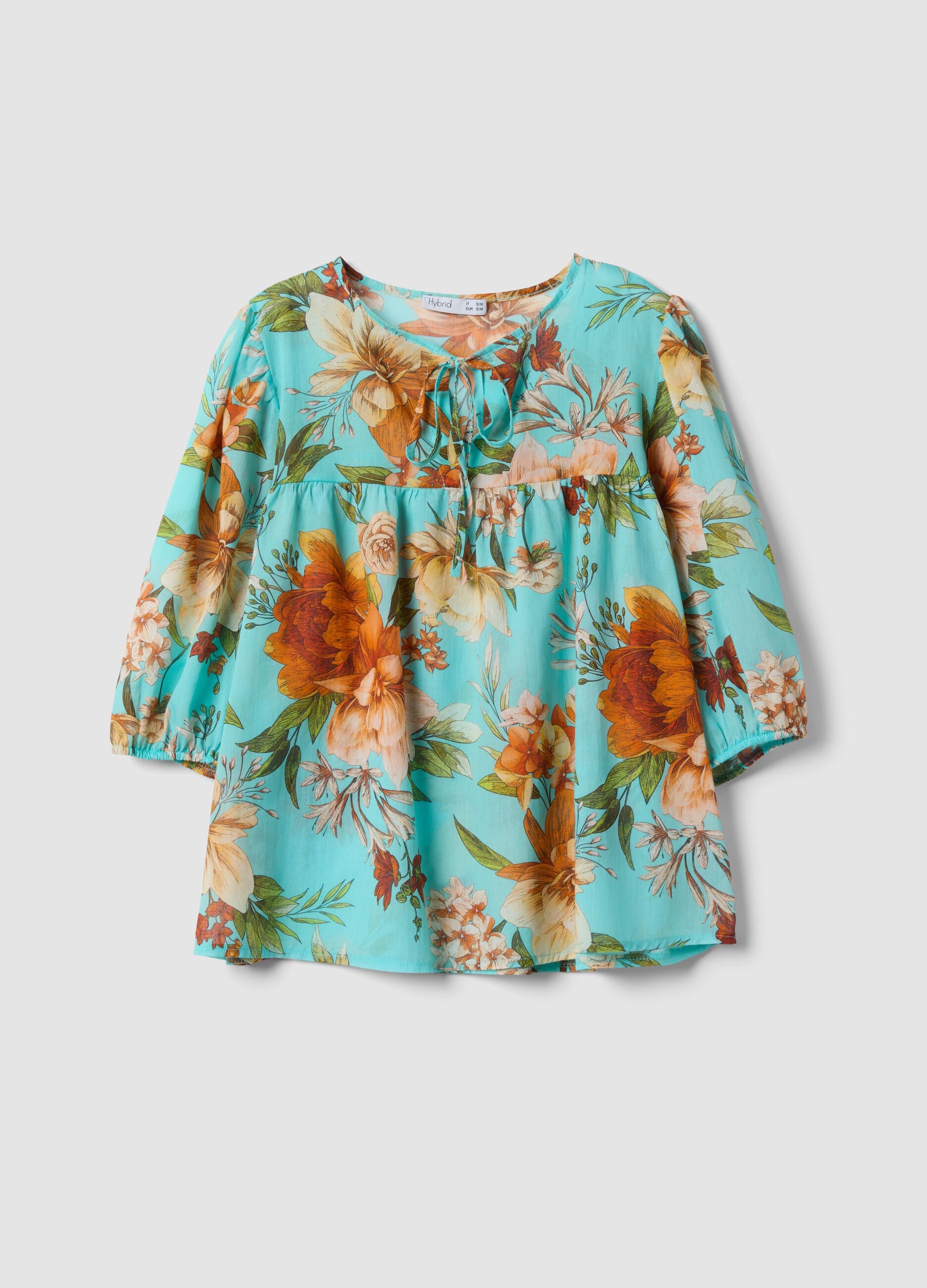 Blue pure cotton blouse with floral print