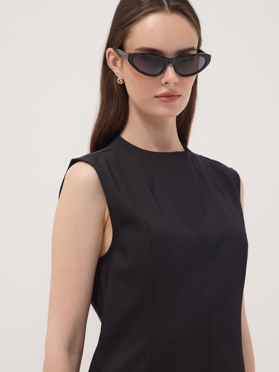 Black sleeveless fitted dress in stretch cotton with crew neck_2