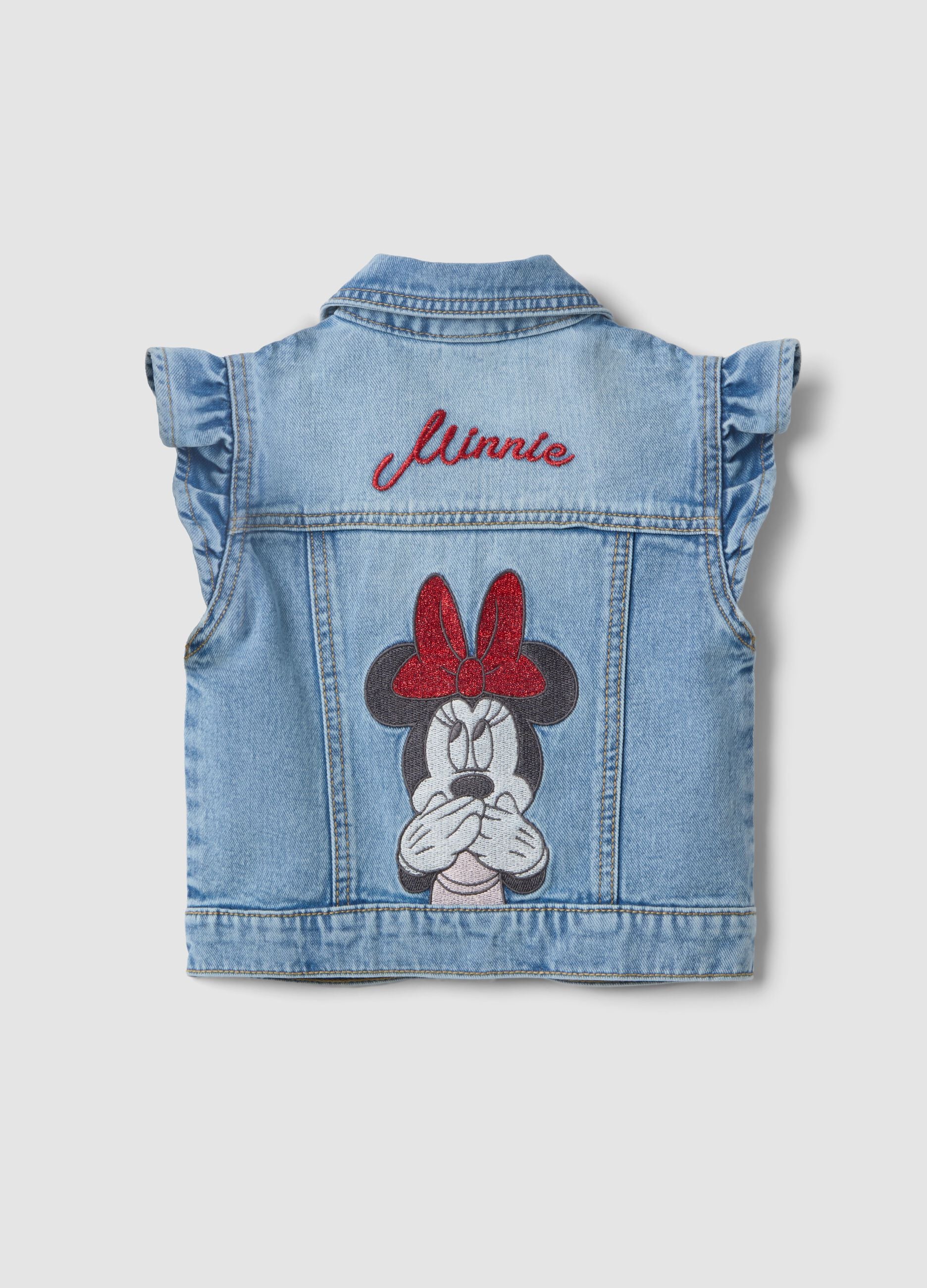 Regular fit blue denim vest for girls with Minnie, made of pure cotton