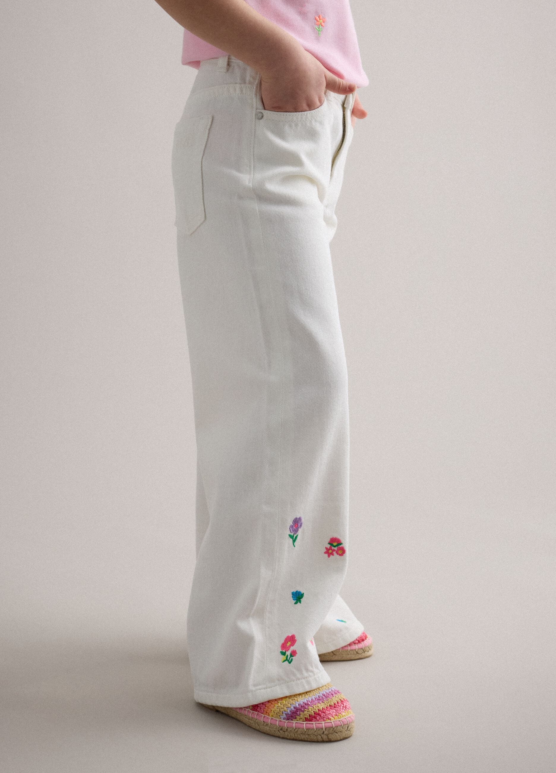 Girls' Wide Leg Pure Cotton White Trousers with Flowers