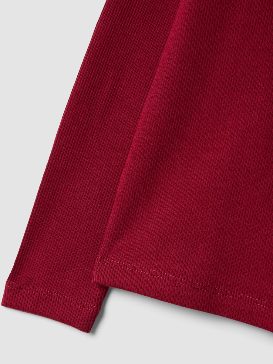 Red ribbed stretch cotton T-shirt with teddy bear embroidery_3