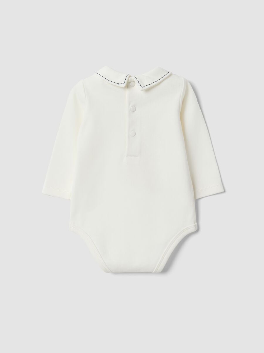 White organic cotton baby bodysuit with collar and dinosaur_1
