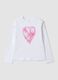 White pure cotton crew-neck T-shirt with heart print for girls_0