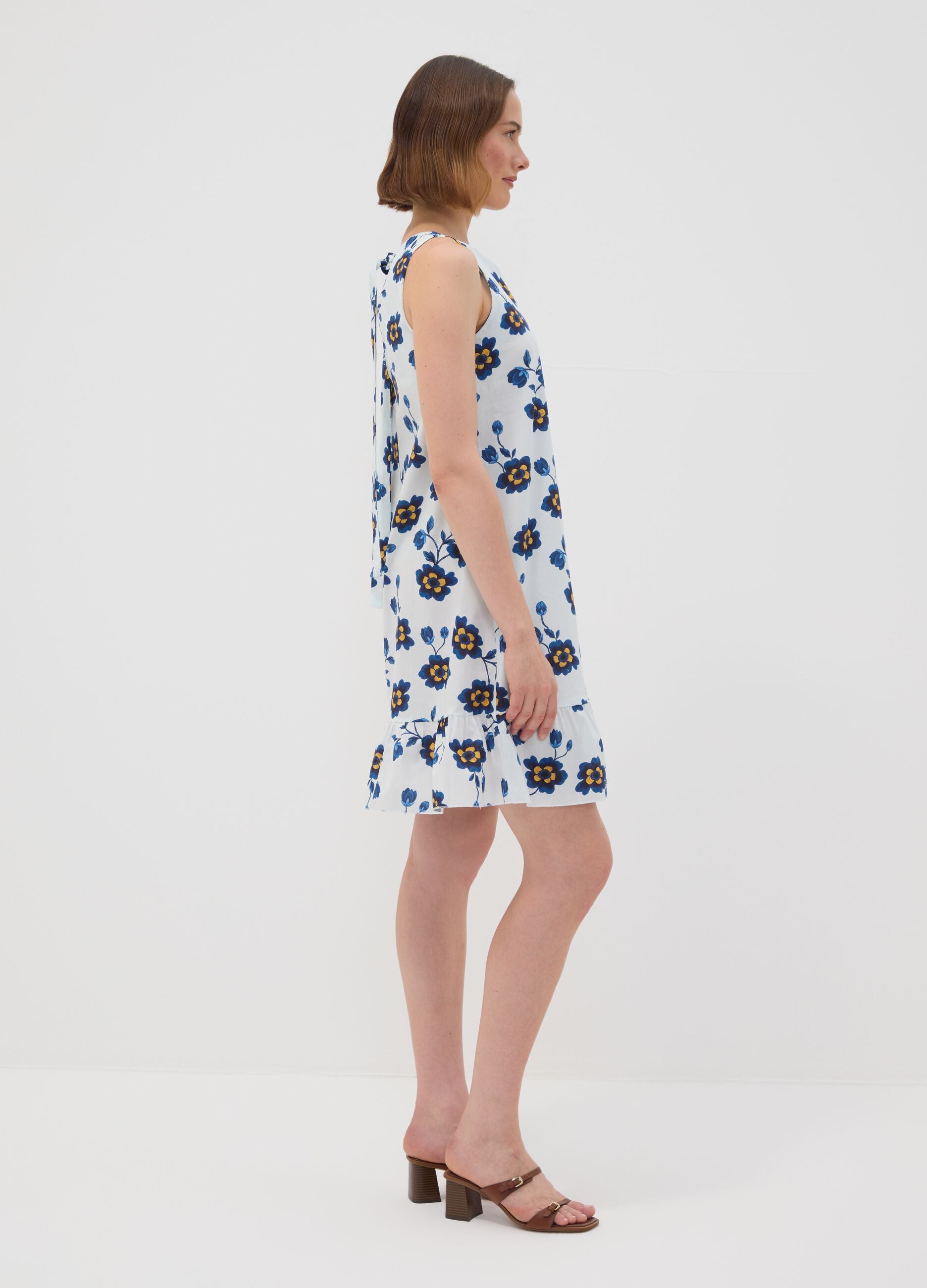 White stretch cotton dress with floral print, regular fit