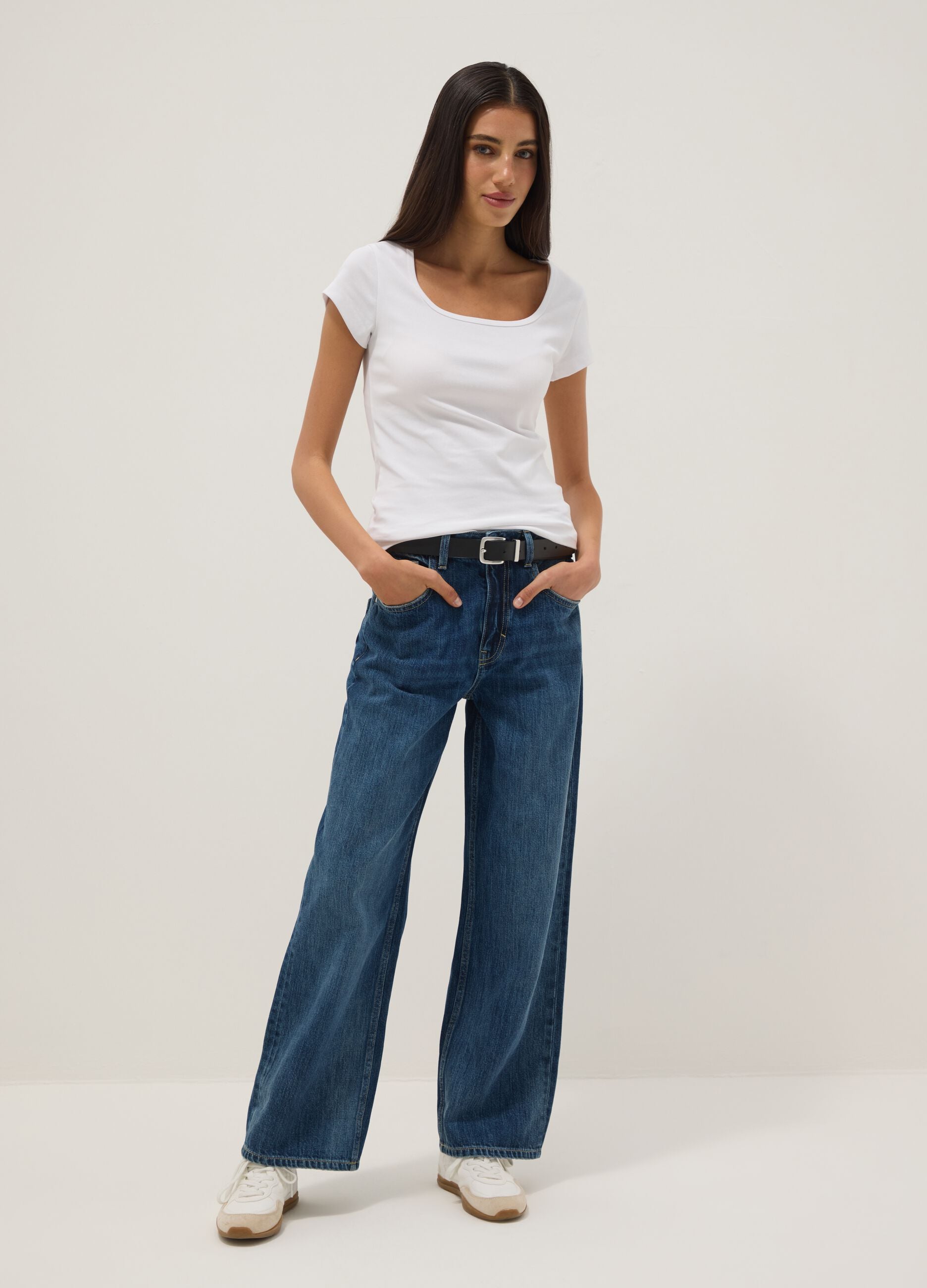 White fitted stretch-cotton T-shirt with square neckline