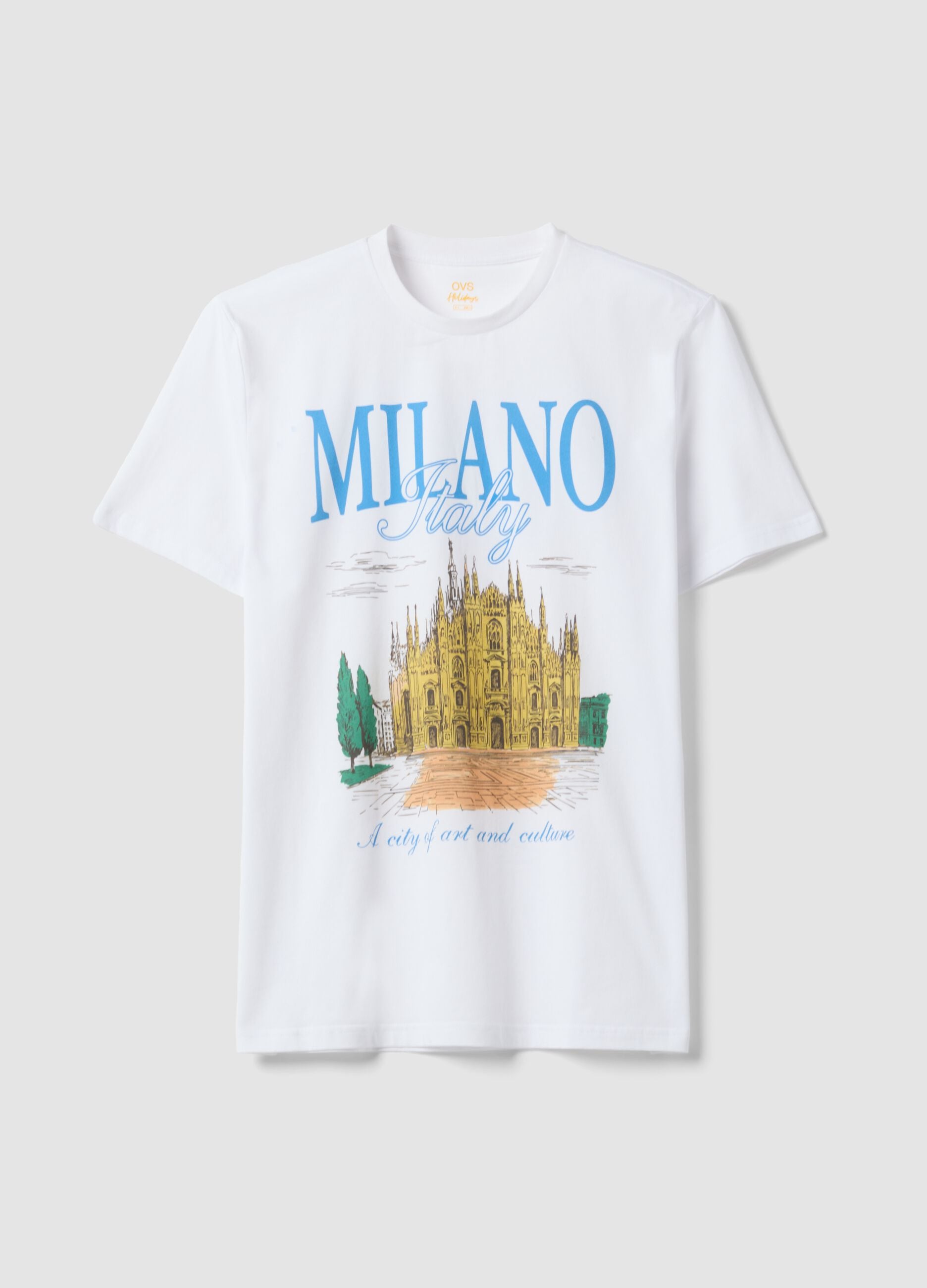 White pure cotton T-shirt with front print, regular fit