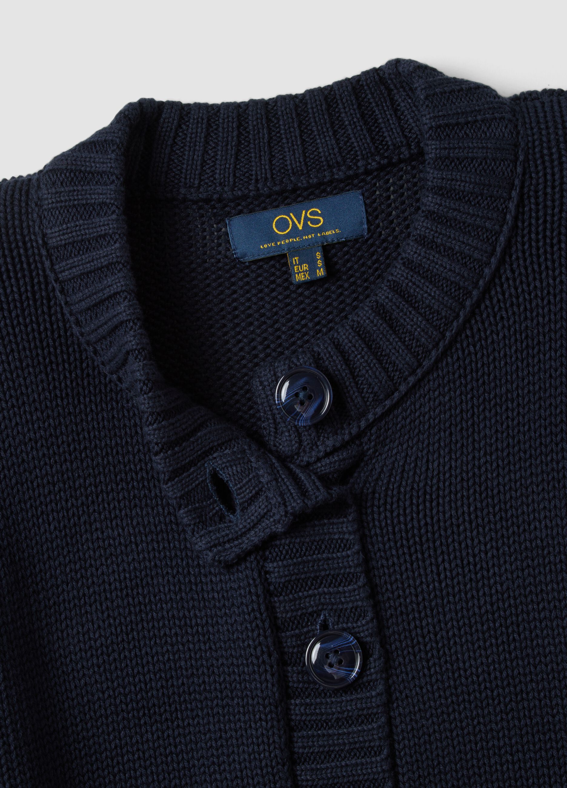 Navy pure cotton crew-neck cardigan with buttons, regular fit