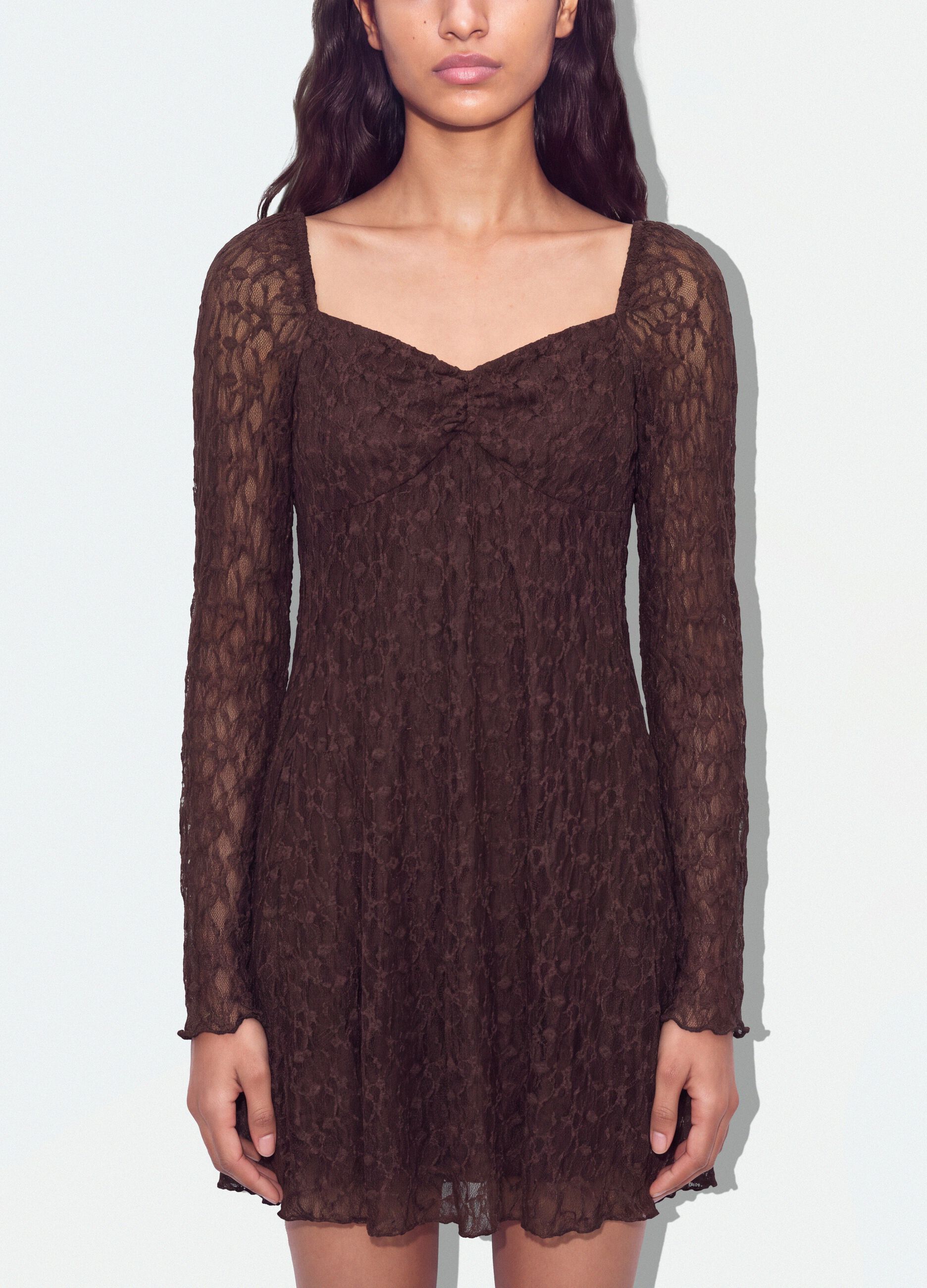 Brown stretch-fabric dress with deep V-neck, regular fit